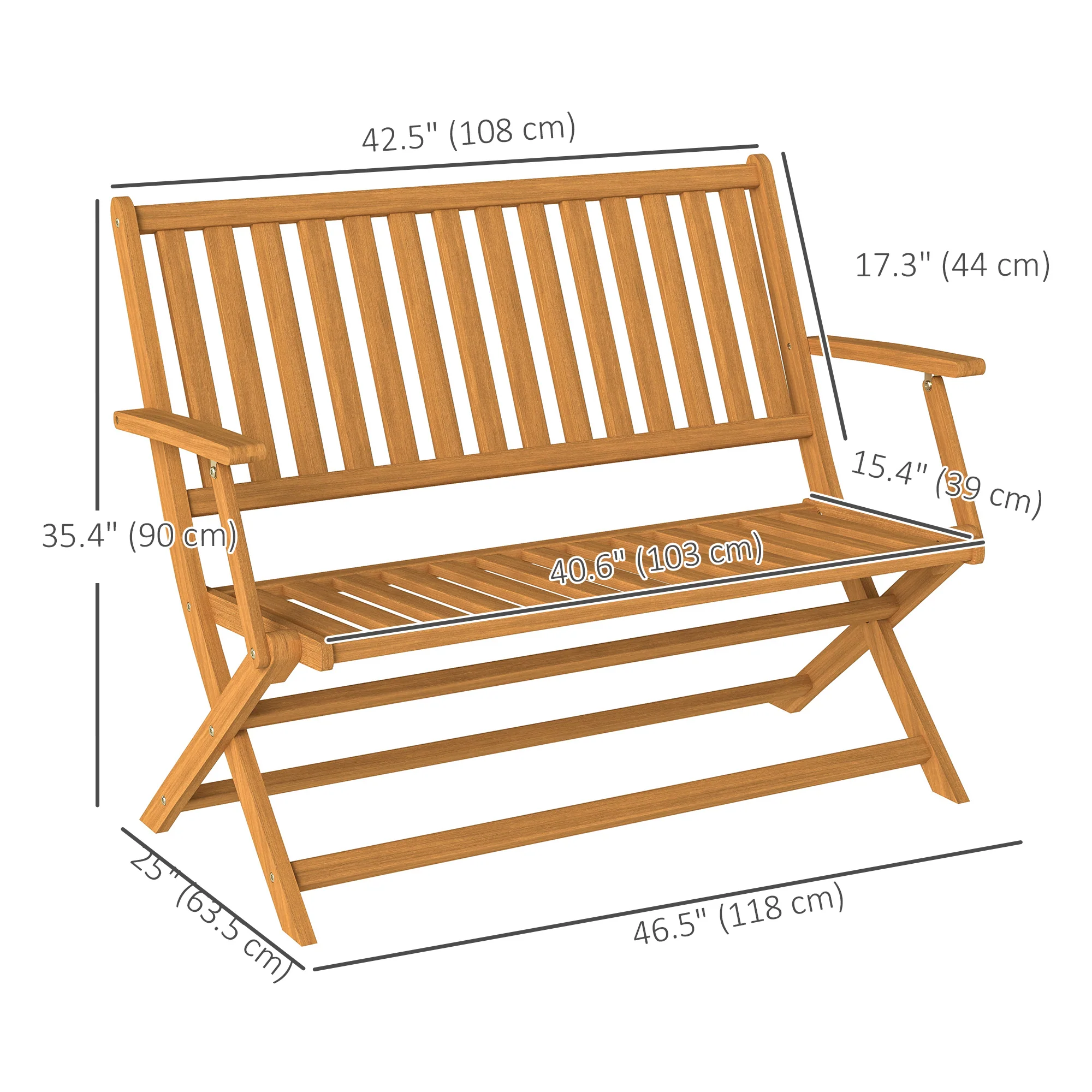 46.5" Foldable Wood Outdoor Bench with Backrest and Armrests for Patio, Porch, Teak - Image 5