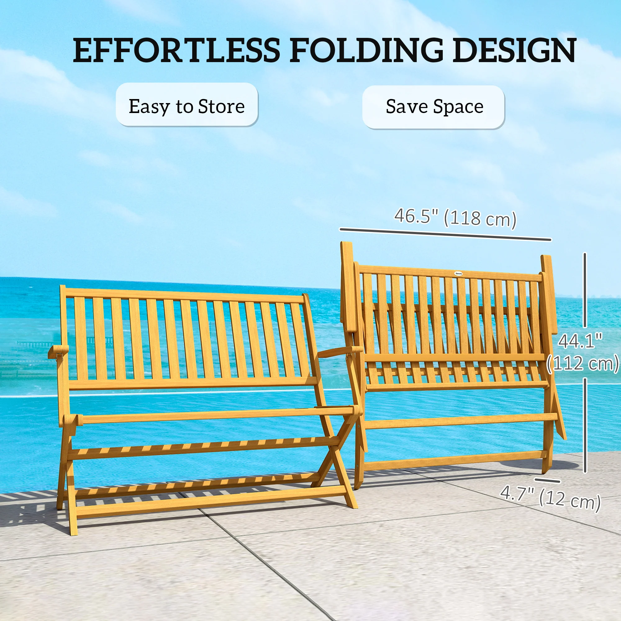 46.5" Foldable Wood Outdoor Bench with Backrest and Armrests for Patio, Porch, Teak - Image 6