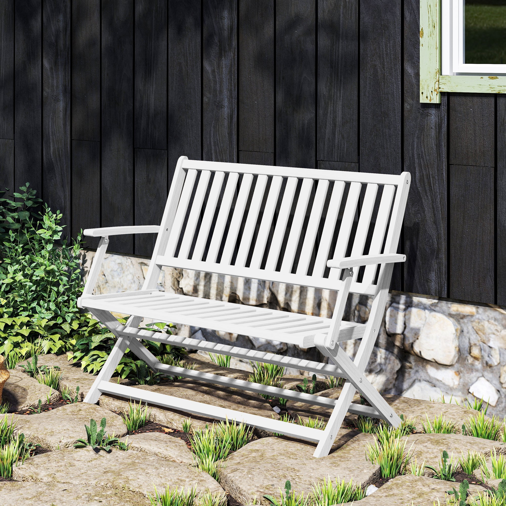 46.5" Foldable Wood Outdoor Bench with Backrest and Armrests for Patio, Porch, White - Image 11