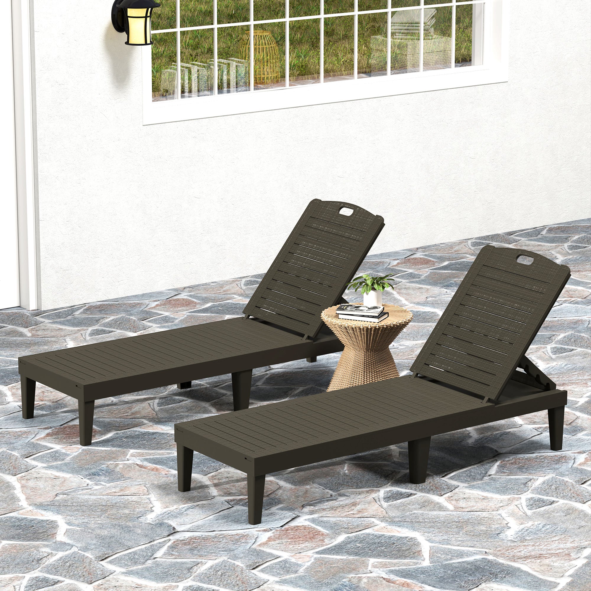 Set of 2 Waterproof Resin Lounger Chairs with 4-Position Adjustable Backrest, Black - Image 10
