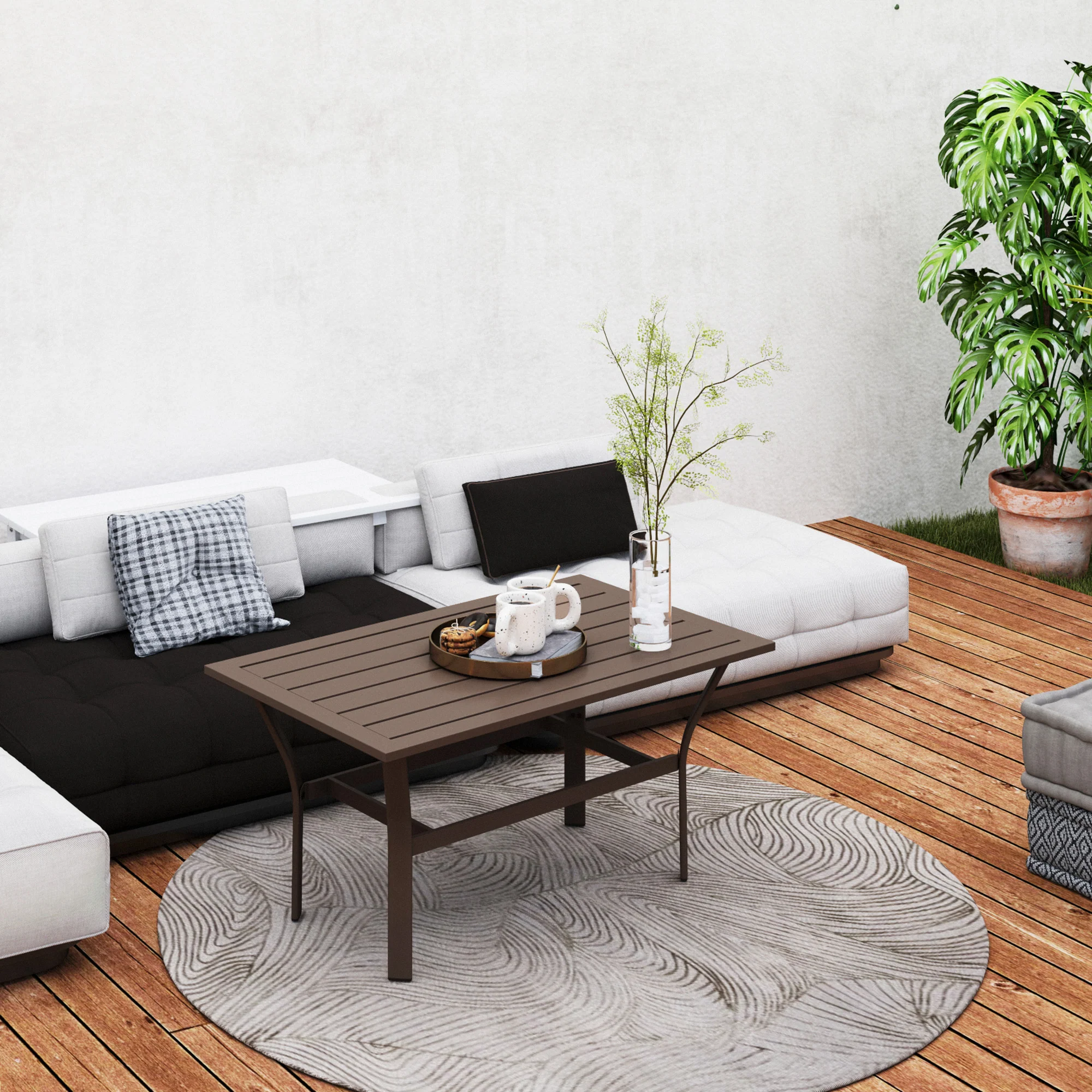 Outdoor Metal Coffee Table with Slatted Top, Brown - Image 10