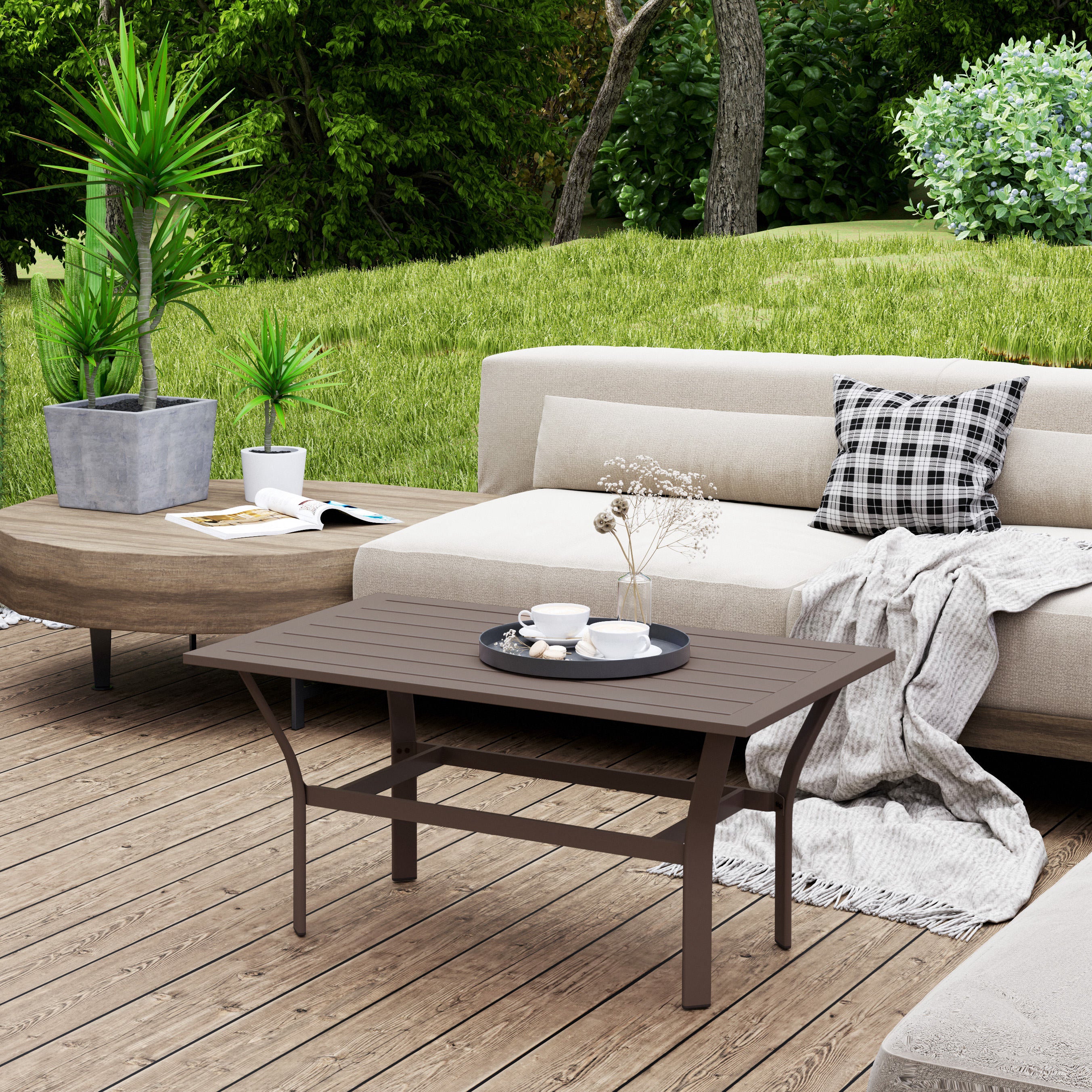 Outdoor Metal Coffee Table with Slatted Top, Brown - Image 3