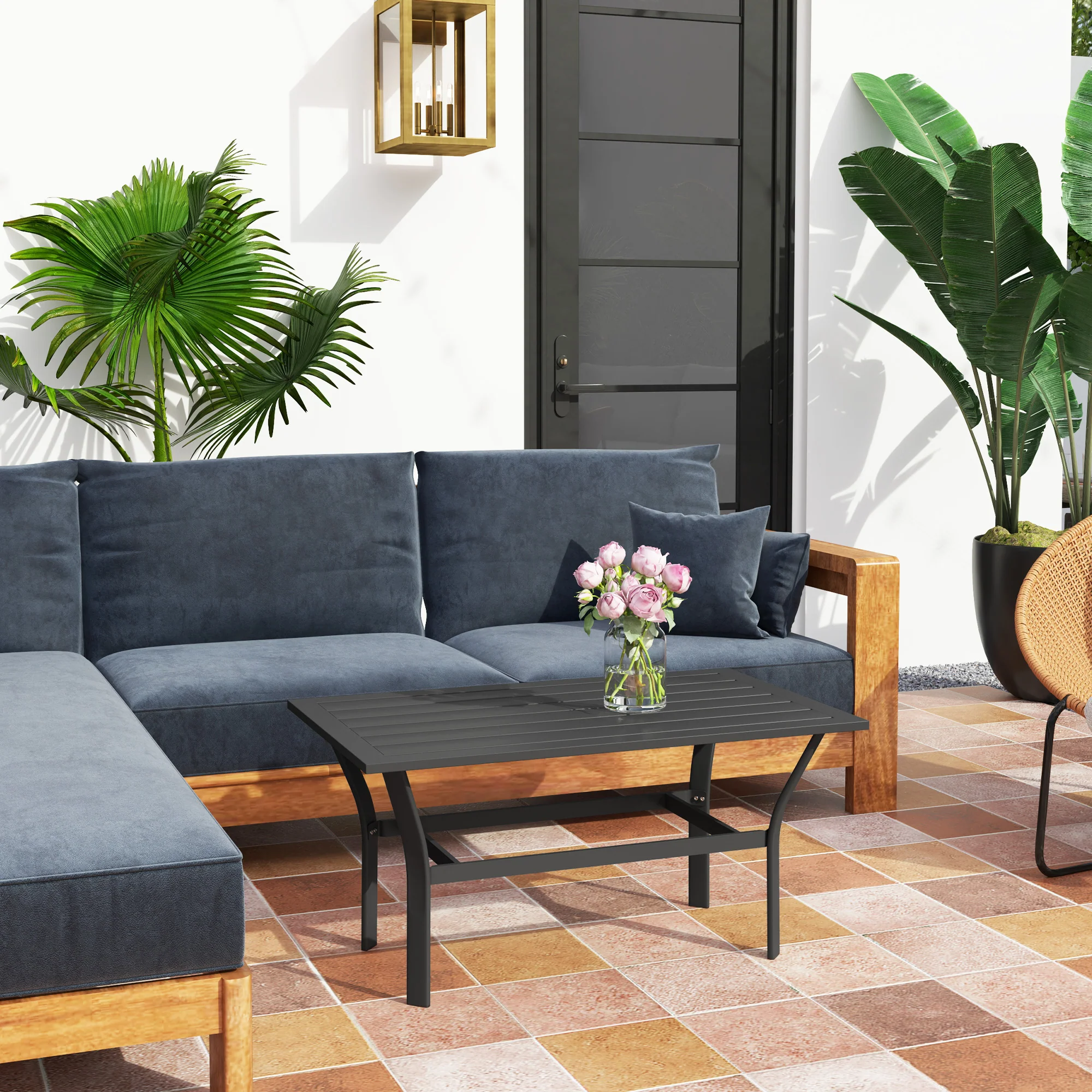 Outdoor Metal Coffee Table with Slatted Top, Black - Image 4