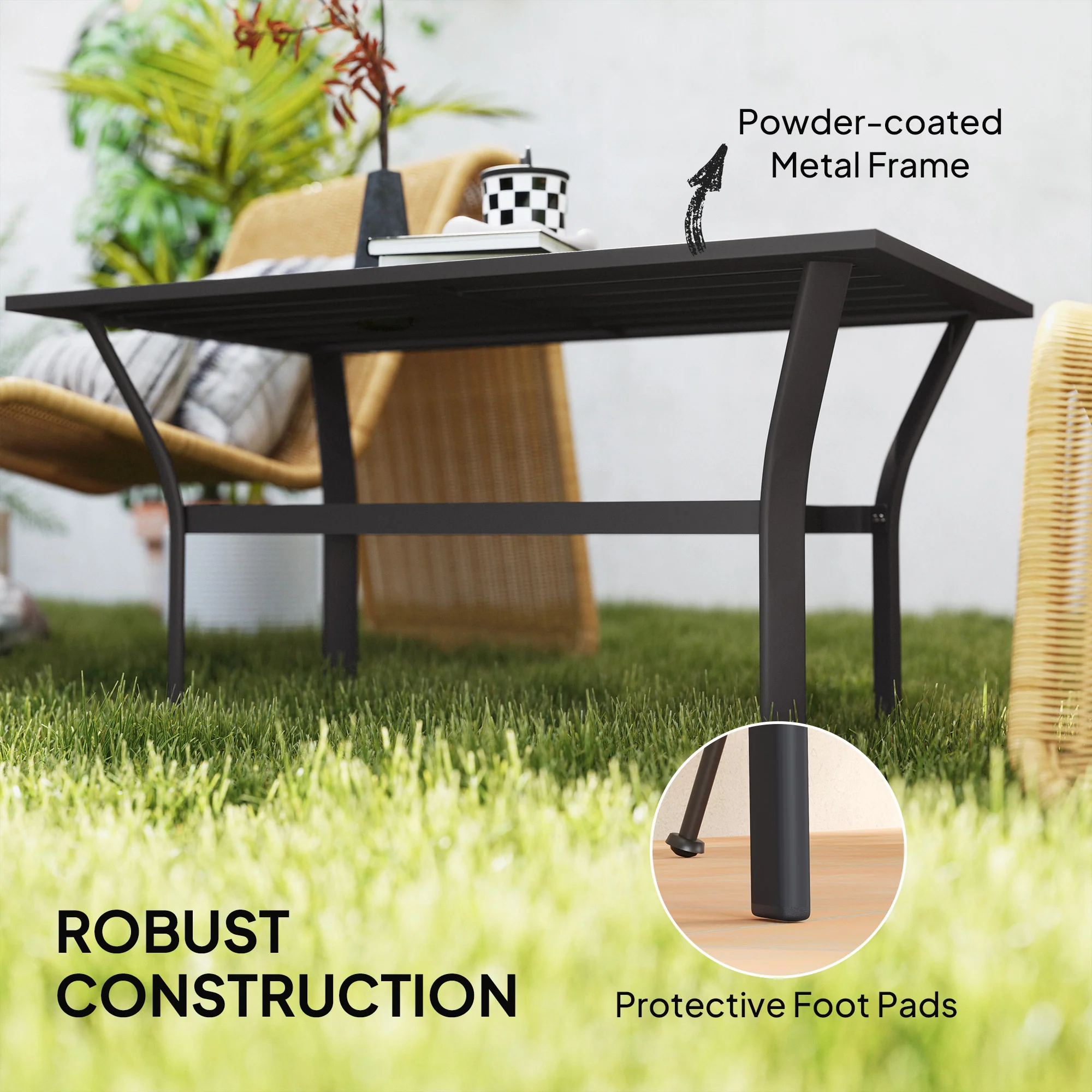 Outdoor Metal Coffee Table with Slatted Top, Black - Image 7