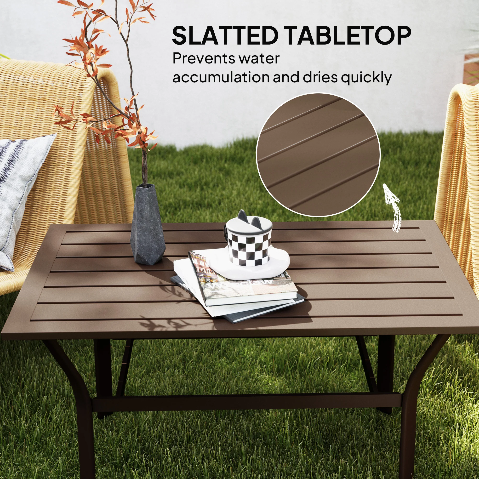 Outdoor Metal Coffee Table with Slatted Top, Brown - Image 6