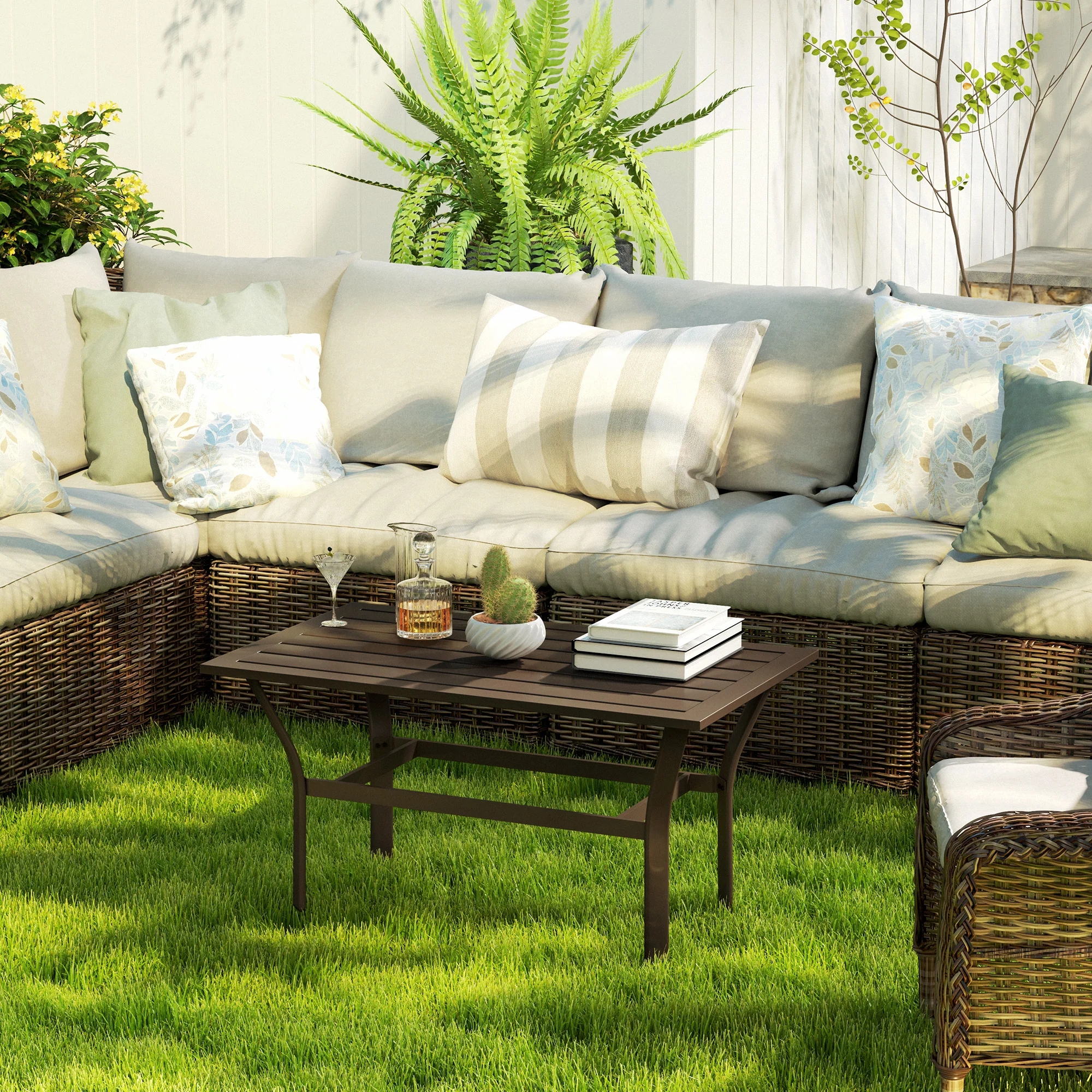 Outdoor Metal Coffee Table with Slatted Top, Brown - Image 9