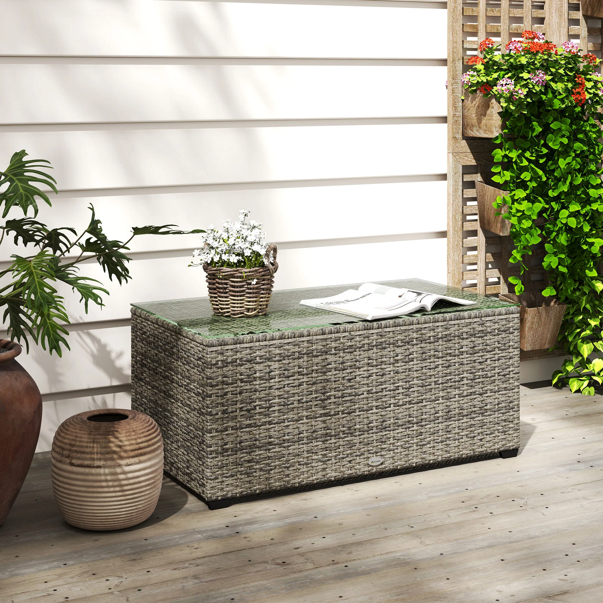 PE Rattan Side Table with Tempered Glass Top & Steel Frame, 90 x 50 x 38cm, Dark Grey - Image 11