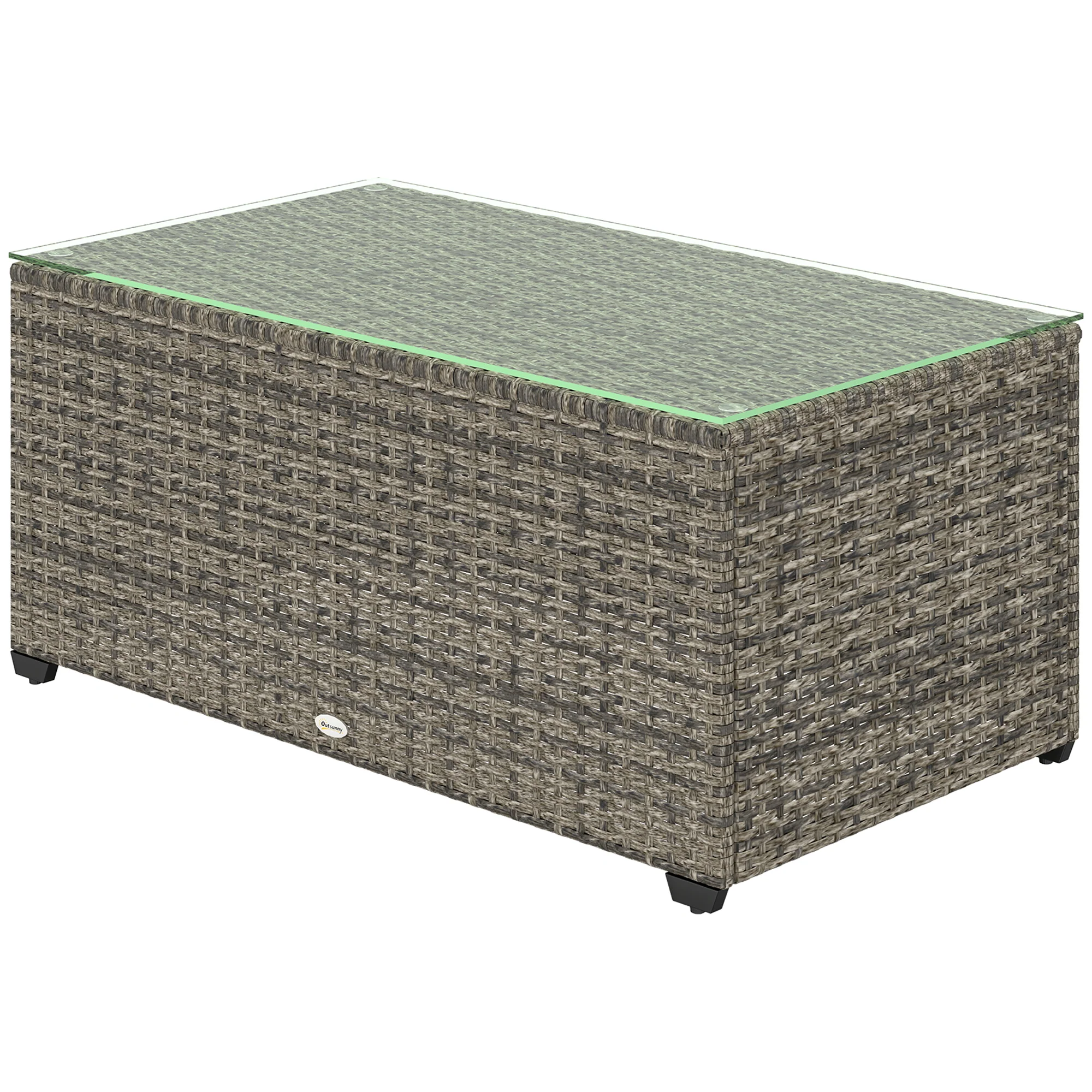 PE Rattan Side Table with Tempered Glass Top & Steel Frame, 90 x 50 x 38cm, Dark Grey - Image 2