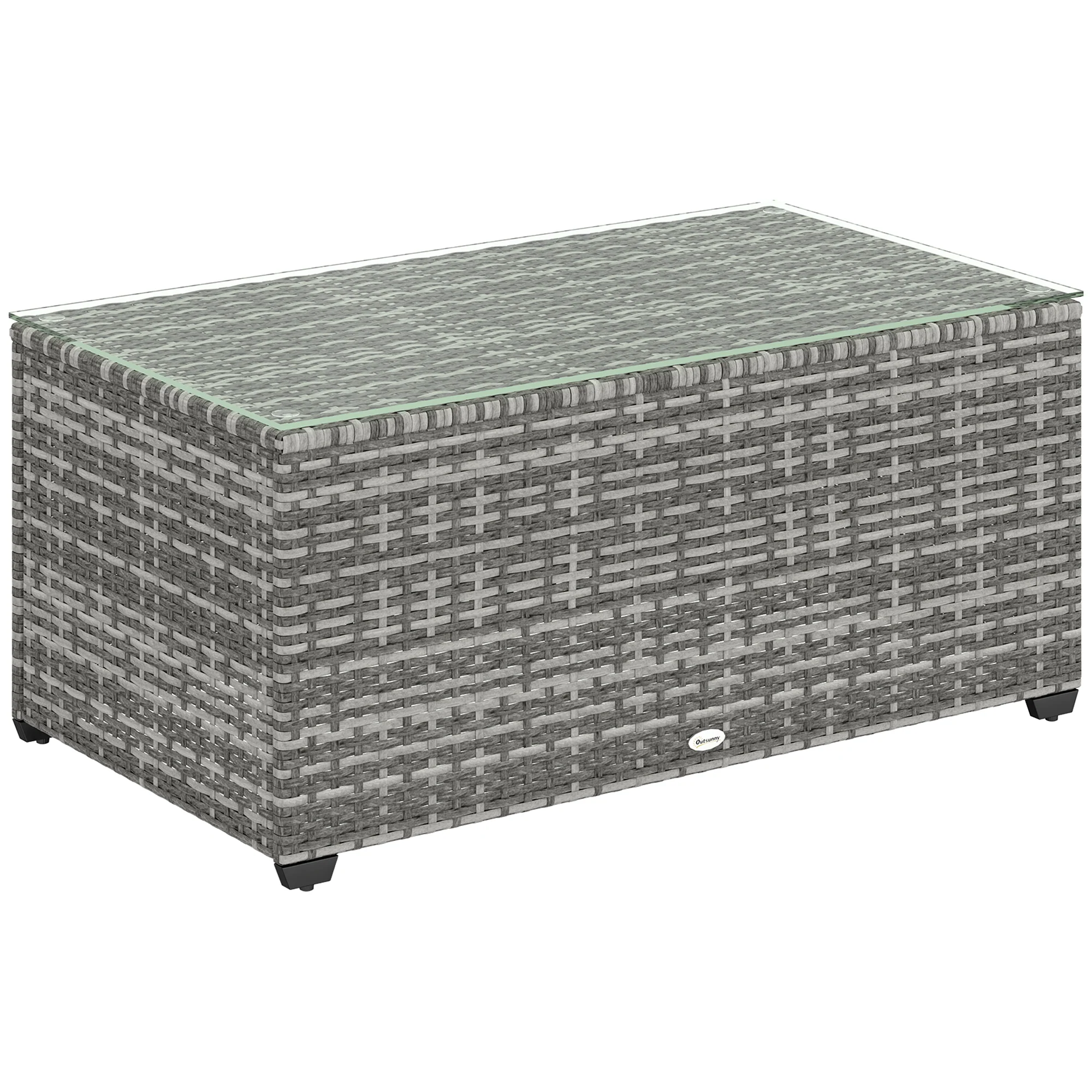 PE Rattan Side Table with Tempered Glass Top & Steel Frame, 90 x 50 x 38cm, Light Grey
