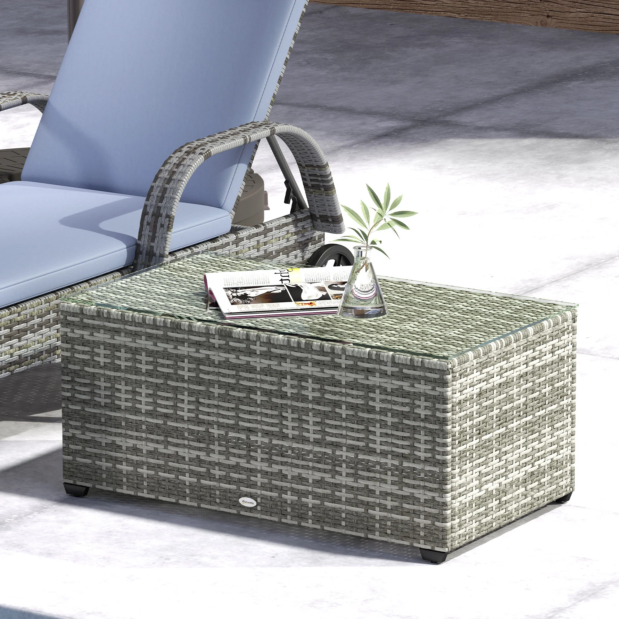 PE Rattan Side Table with Tempered Glass Top & Steel Frame, 90 x 50 x 38cm, Light Grey - Image 10
