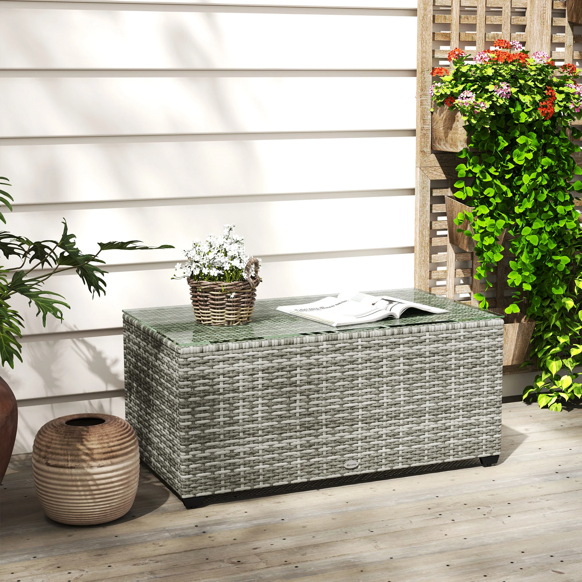 PE Rattan Side Table with Tempered Glass Top & Steel Frame, 90 x 50 x 38cm, Light Grey - Image 11