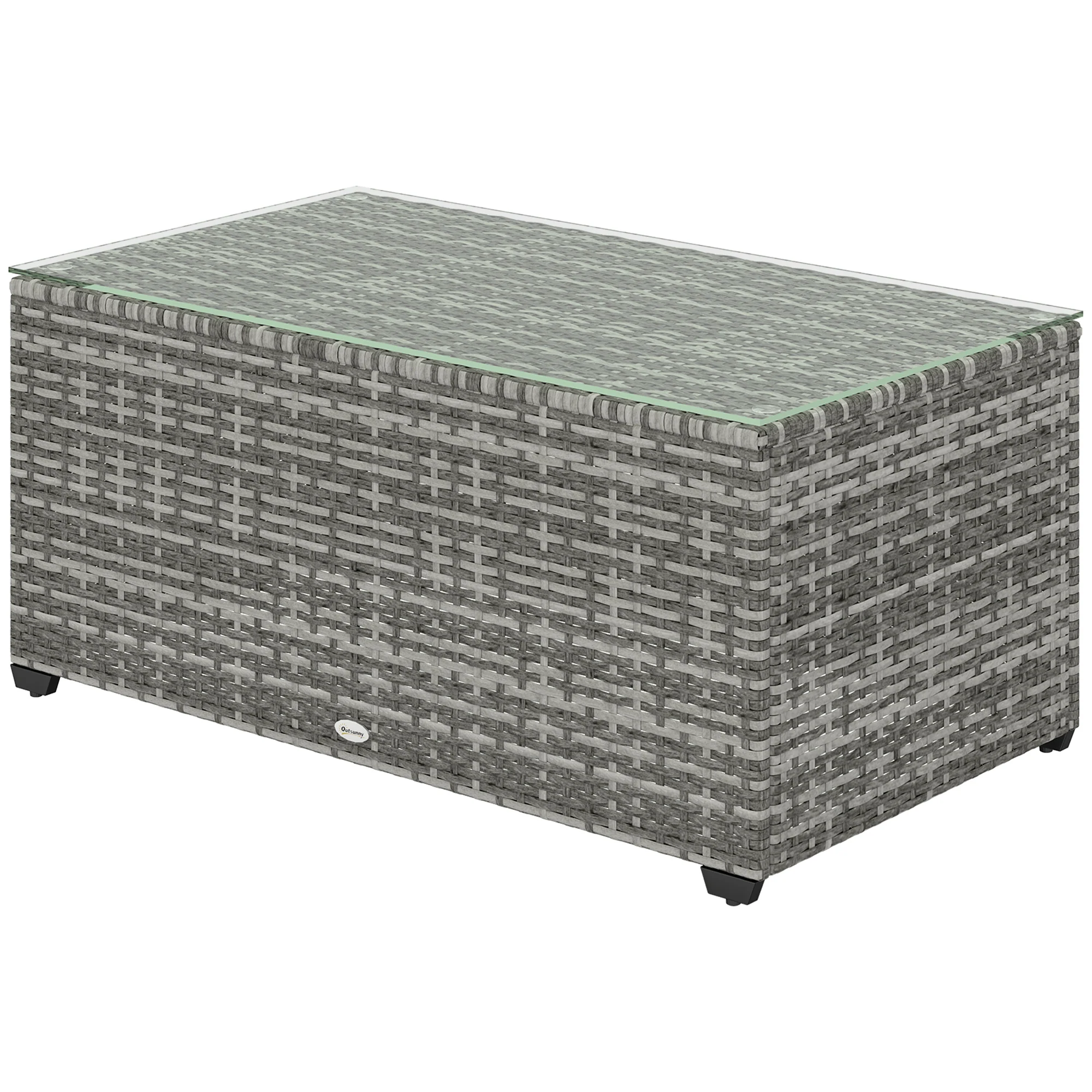 PE Rattan Side Table with Tempered Glass Top & Steel Frame, 90 x 50 x 38cm, Light Grey - Image 2