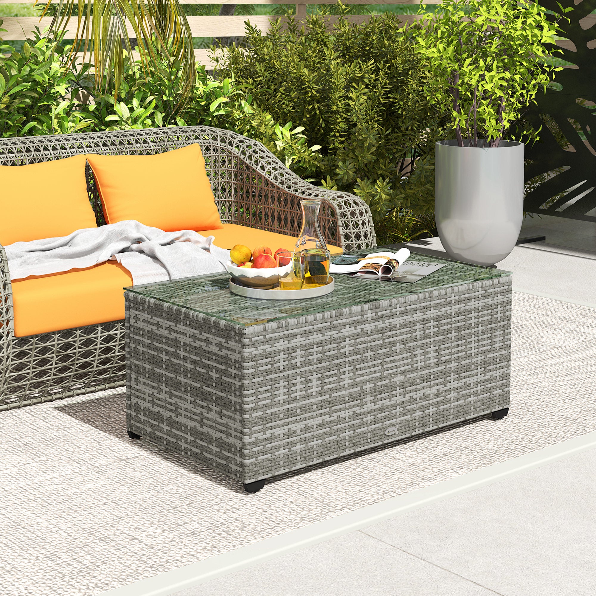 PE Rattan Side Table with Tempered Glass Top & Steel Frame, 90 x 50 x 38cm, Light Grey - Image 3