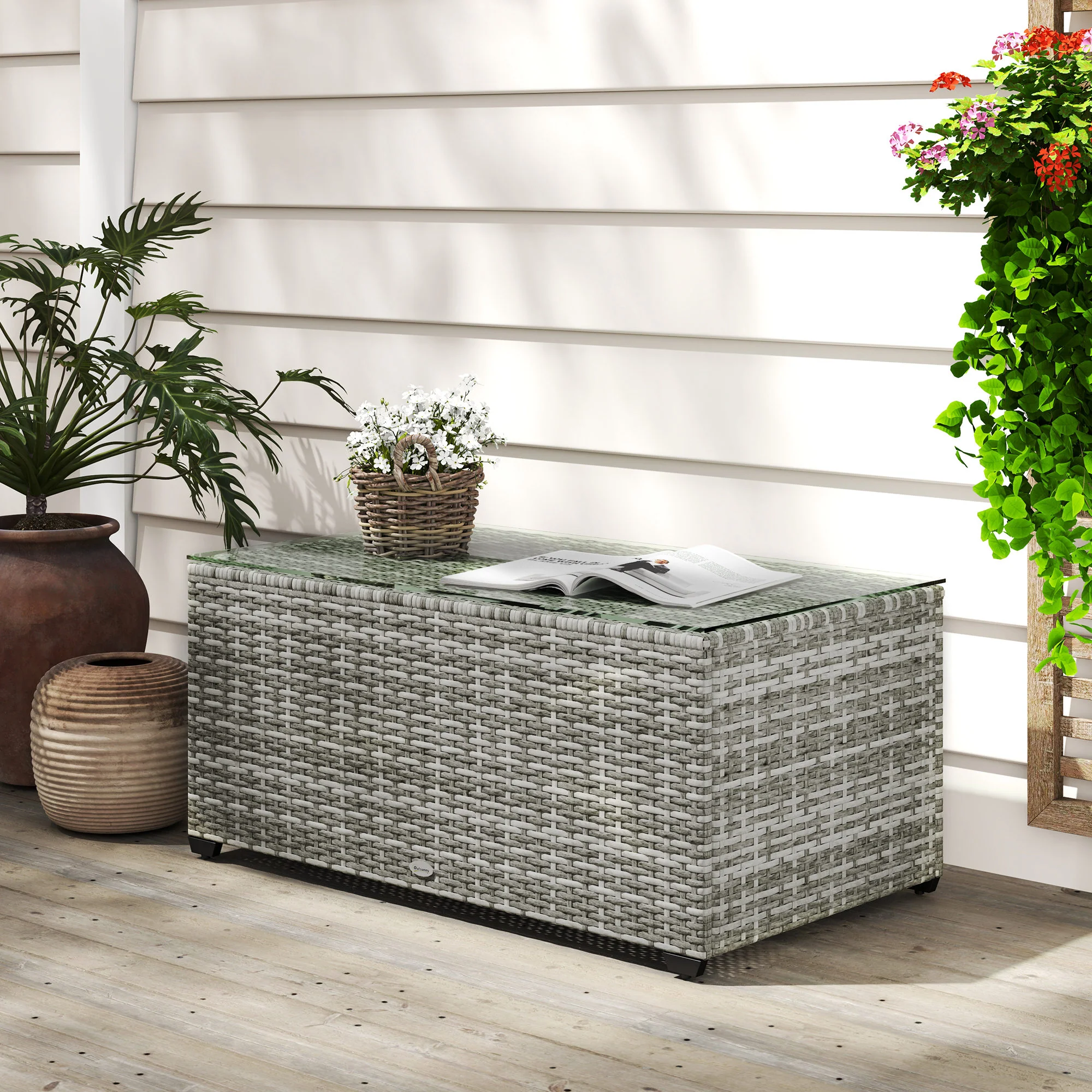 PE Rattan Side Table with Tempered Glass Top & Steel Frame, 90 x 50 x 38cm, Light Grey - Image 4