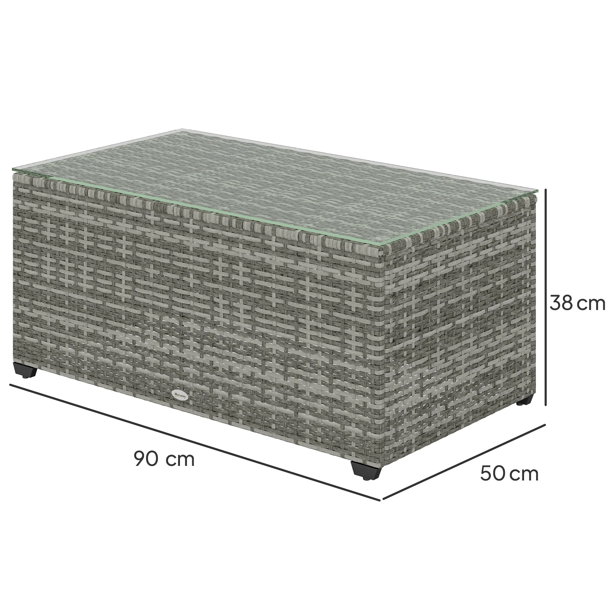 PE Rattan Side Table with Tempered Glass Top & Steel Frame, 90 x 50 x 38cm, Light Grey - Image 5
