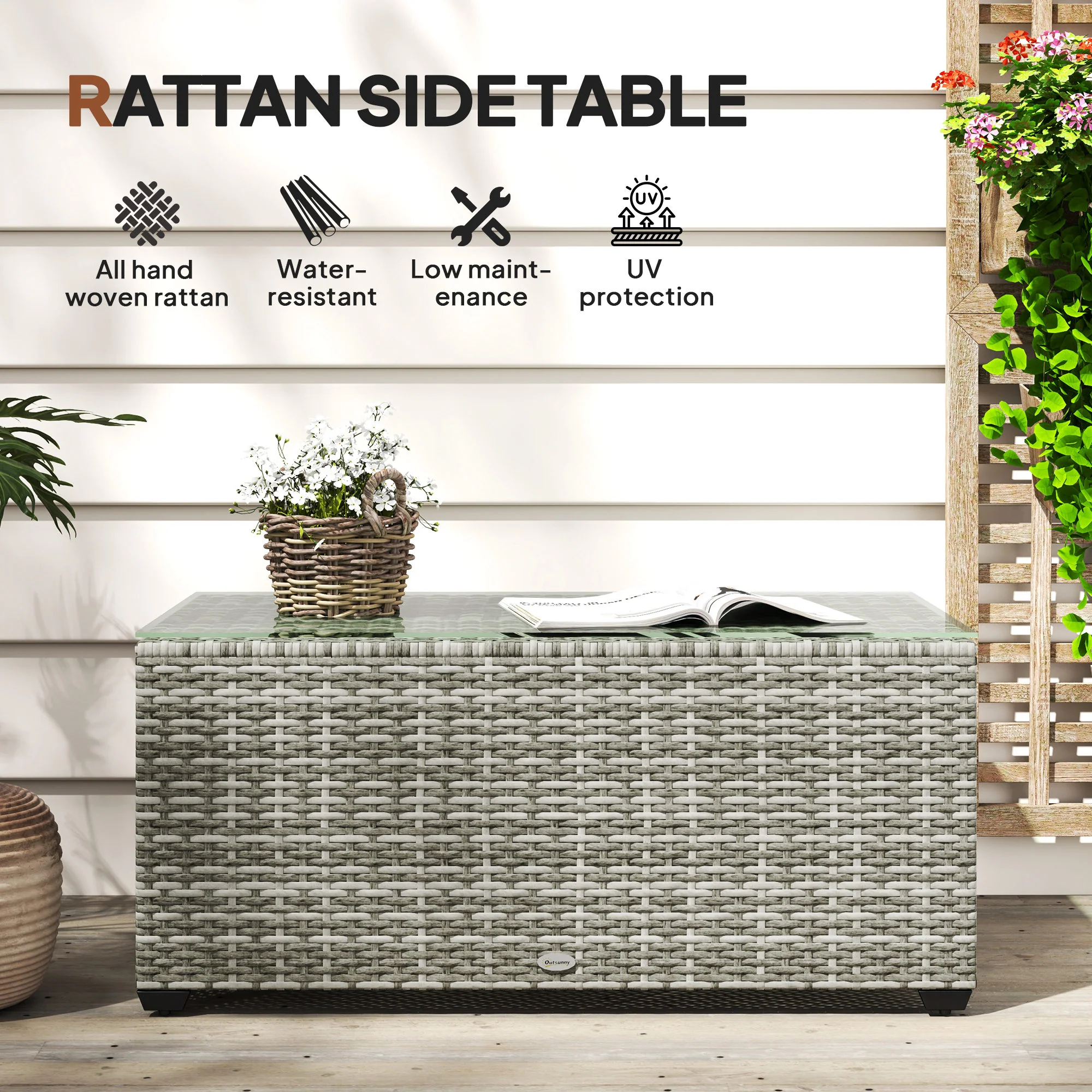 PE Rattan Side Table with Tempered Glass Top & Steel Frame, 90 x 50 x 38cm, Light Grey - Image 6