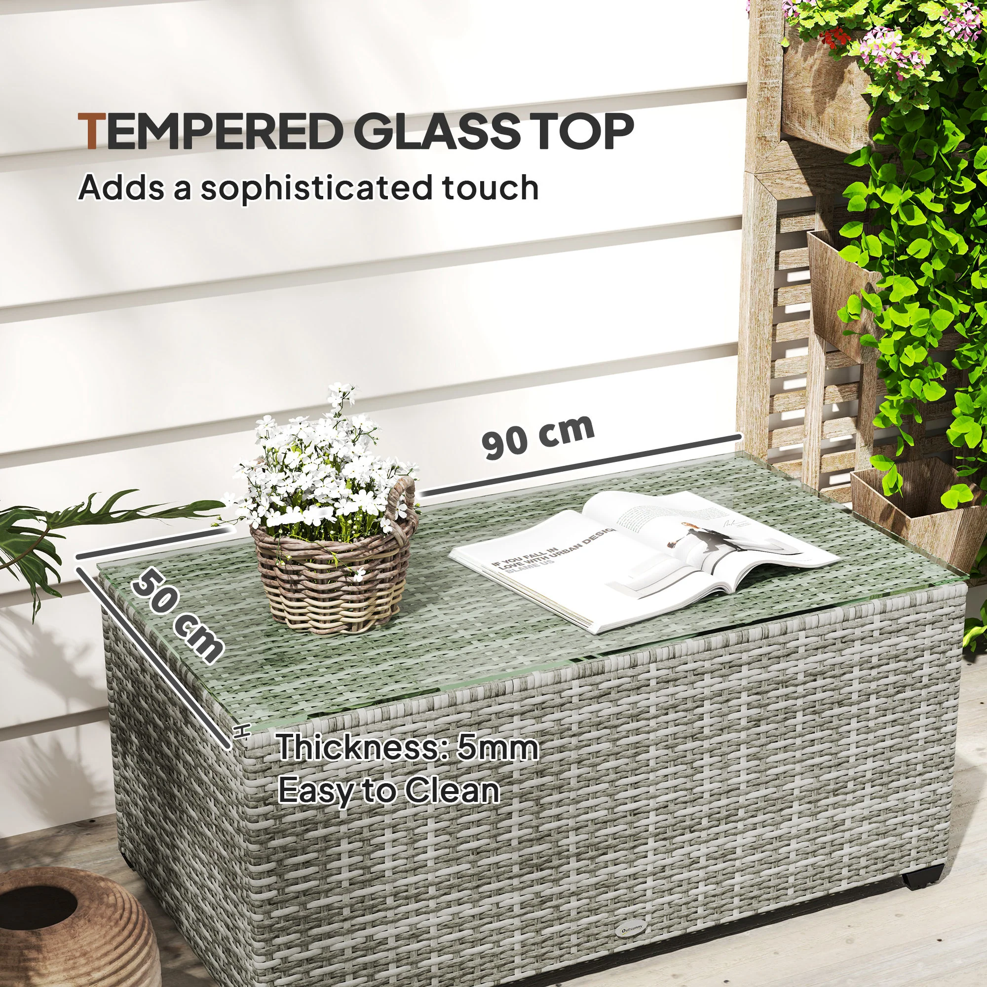 PE Rattan Side Table with Tempered Glass Top & Steel Frame, 90 x 50 x 38cm, Light Grey - Image 7