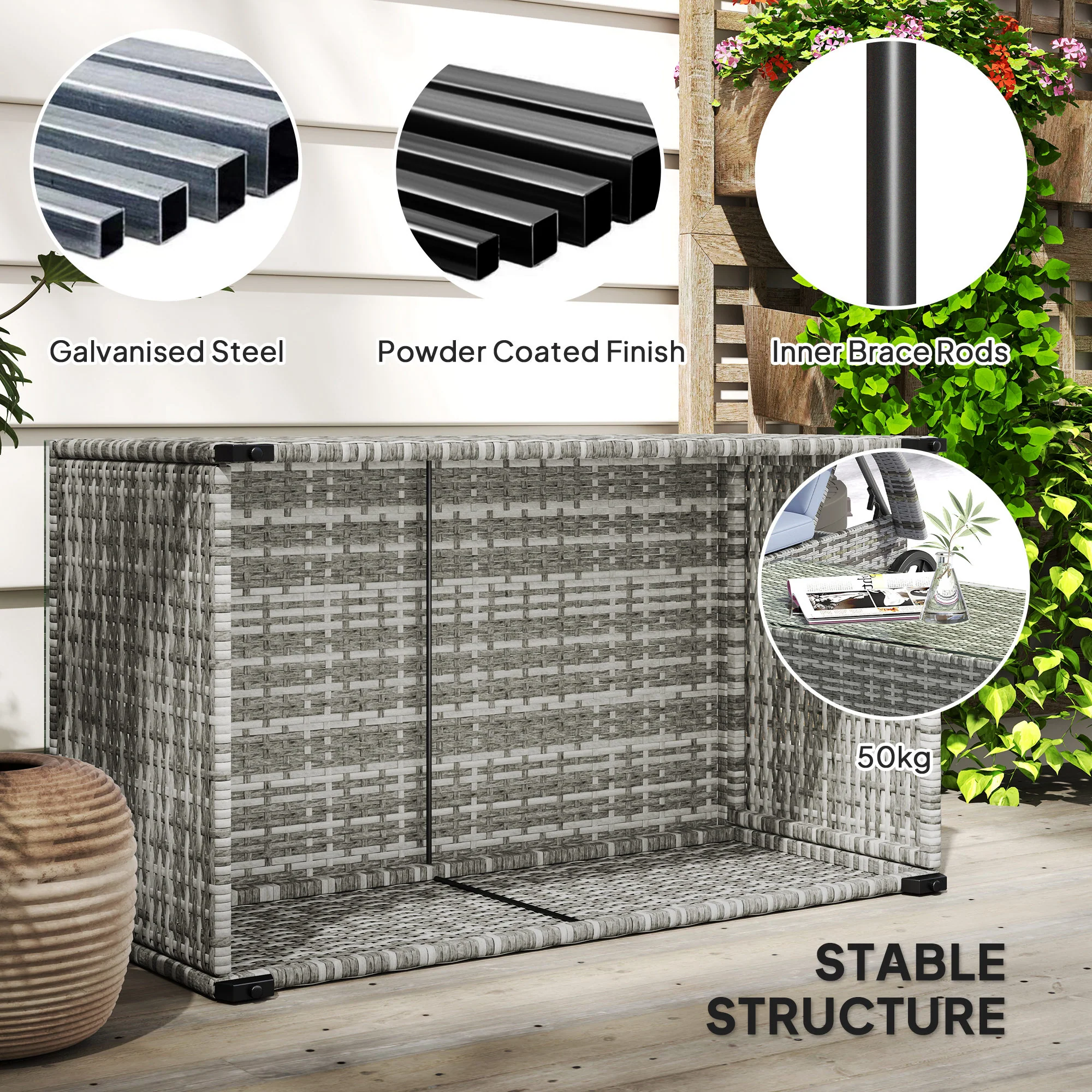 PE Rattan Side Table with Tempered Glass Top & Steel Frame, 90 x 50 x 38cm, Light Grey - Image 8