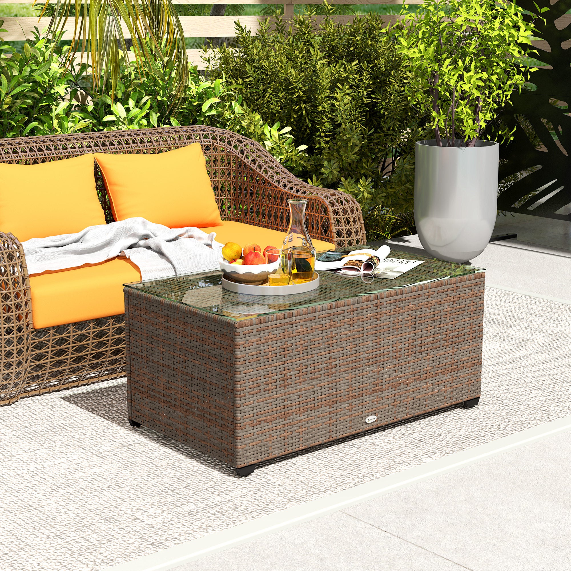 PE Rattan Side Table with Tempered Glass Top & Steel Frame, 90 x 50 x 38cm, Brown - Image 3