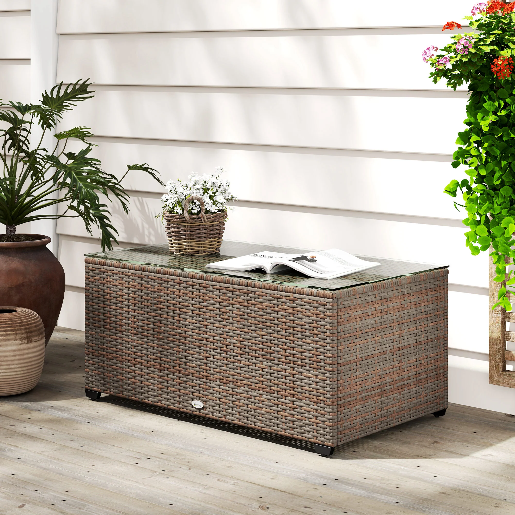 PE Rattan Side Table with Tempered Glass Top & Steel Frame, 90 x 50 x 38cm, Brown - Image 4