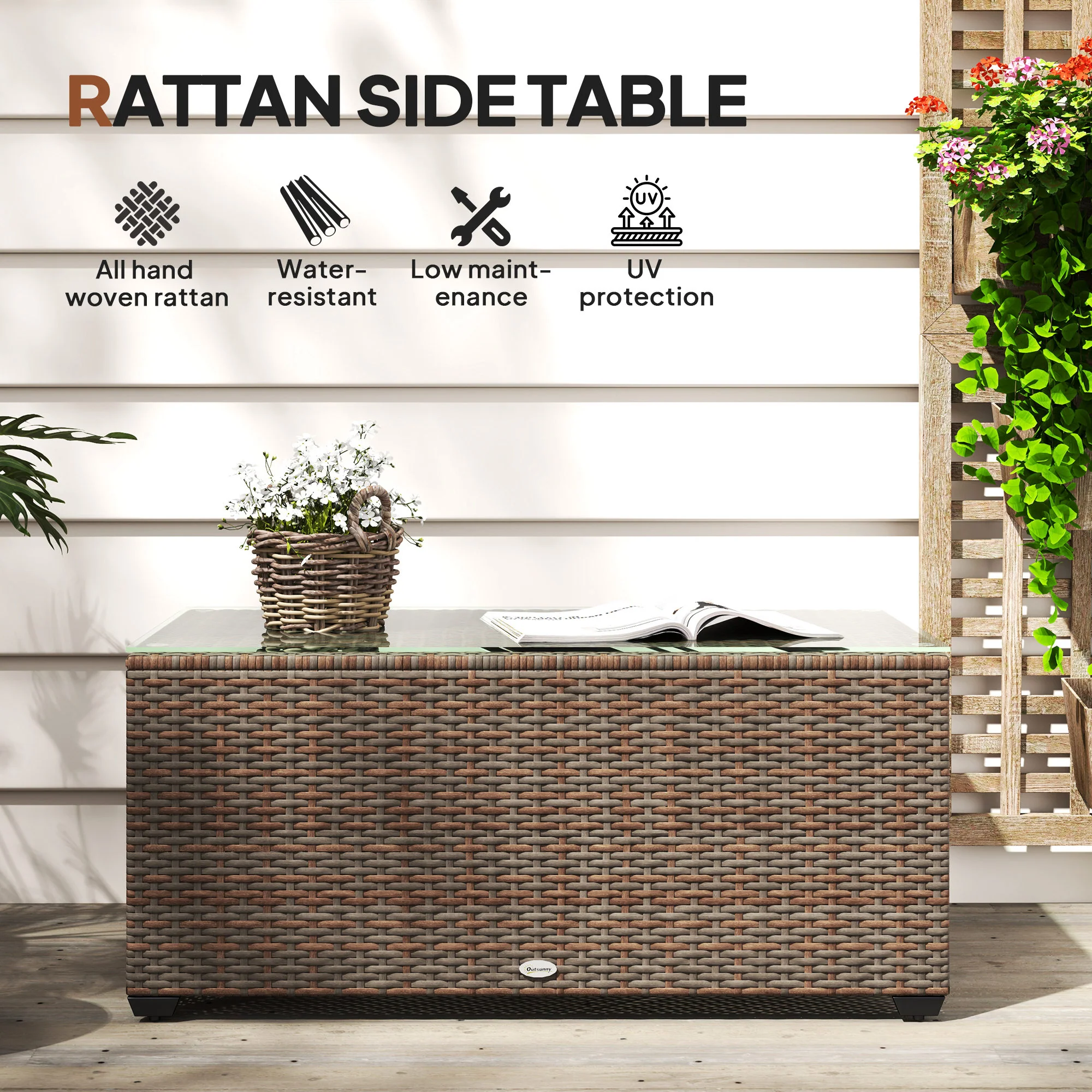 PE Rattan Side Table with Tempered Glass Top & Steel Frame, 90 x 50 x 38cm, Brown - Image 6