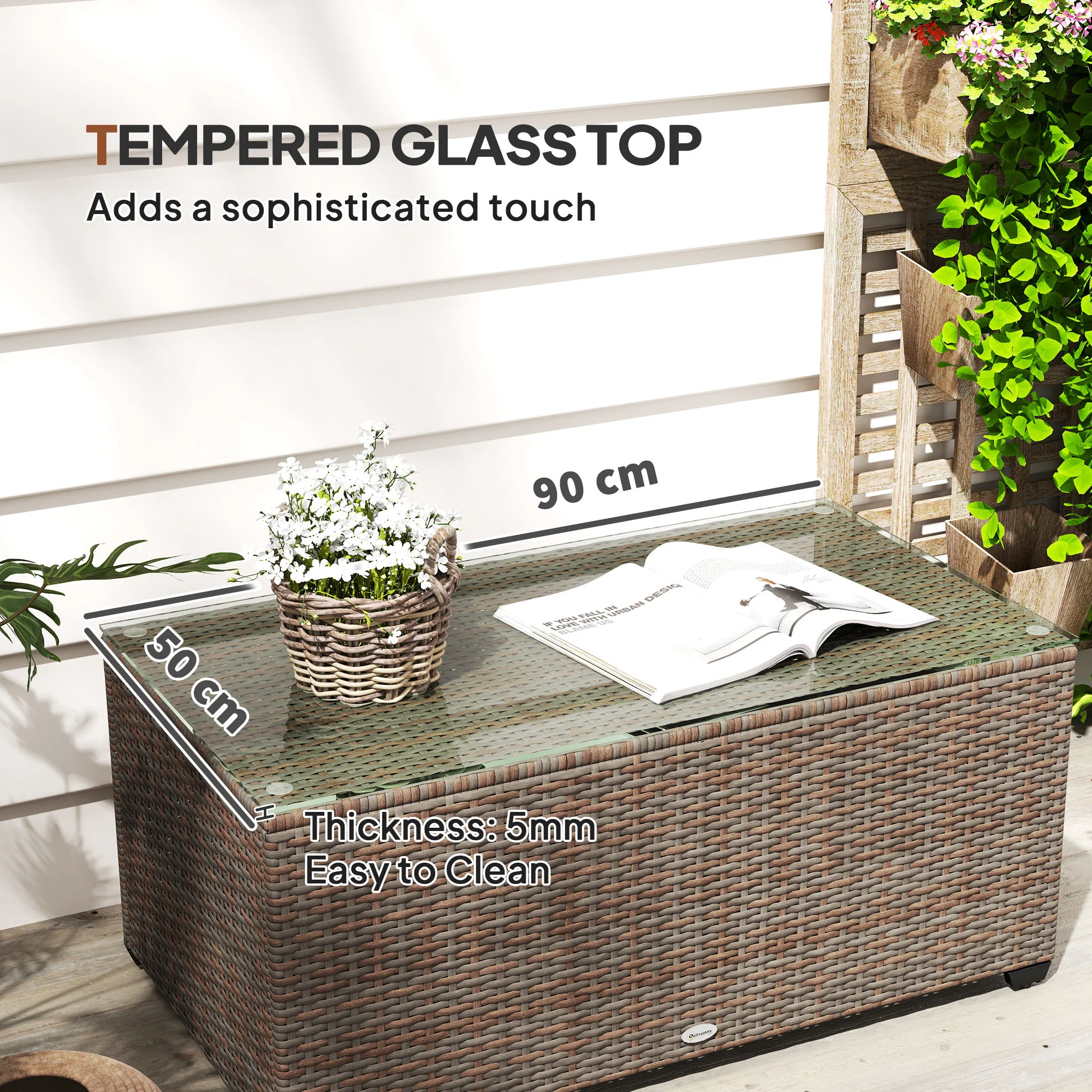PE Rattan Side Table with Tempered Glass Top & Steel Frame, 90 x 50 x 38cm, Brown - Image 7
