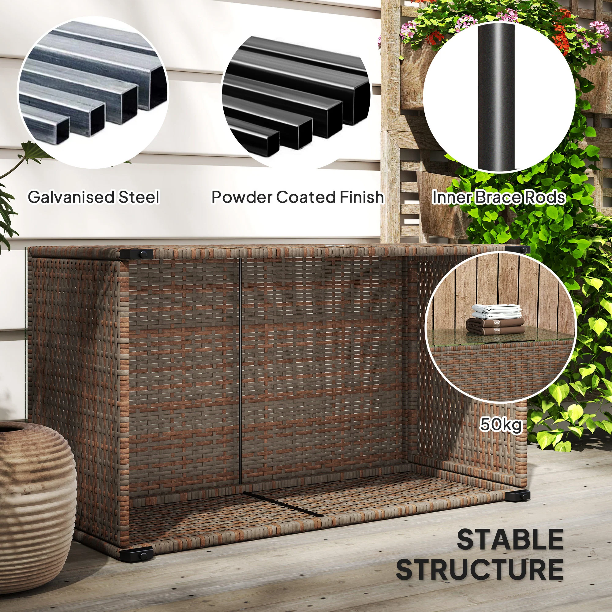 PE Rattan Side Table with Tempered Glass Top & Steel Frame, 90 x 50 x 38cm, Brown - Image 8