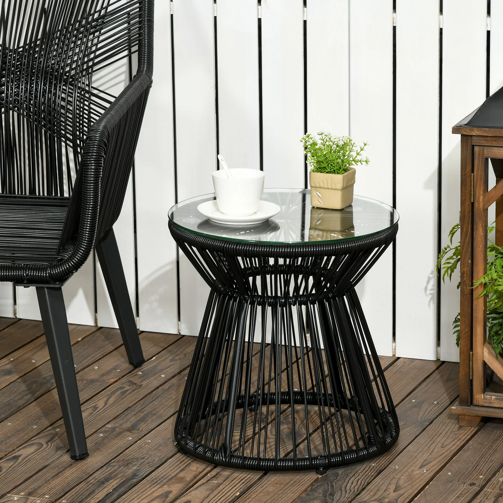 Round PE Rattan Side Table with Tempered Glass Top & Hollow Drum Design for Patio, Black - Image 3