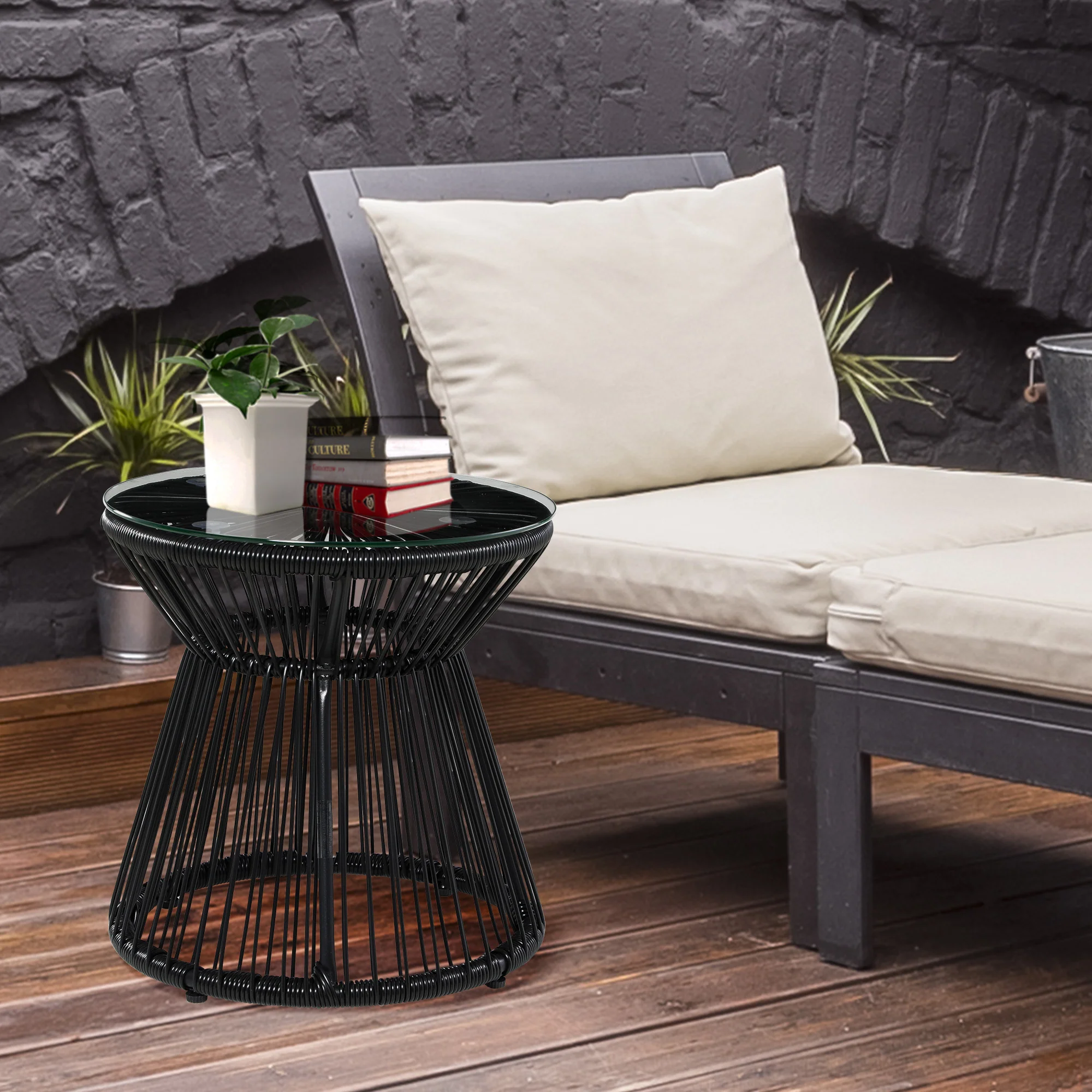 Round PE Rattan Side Table with Tempered Glass Top & Hollow Drum Design for Patio, Black - Image 4