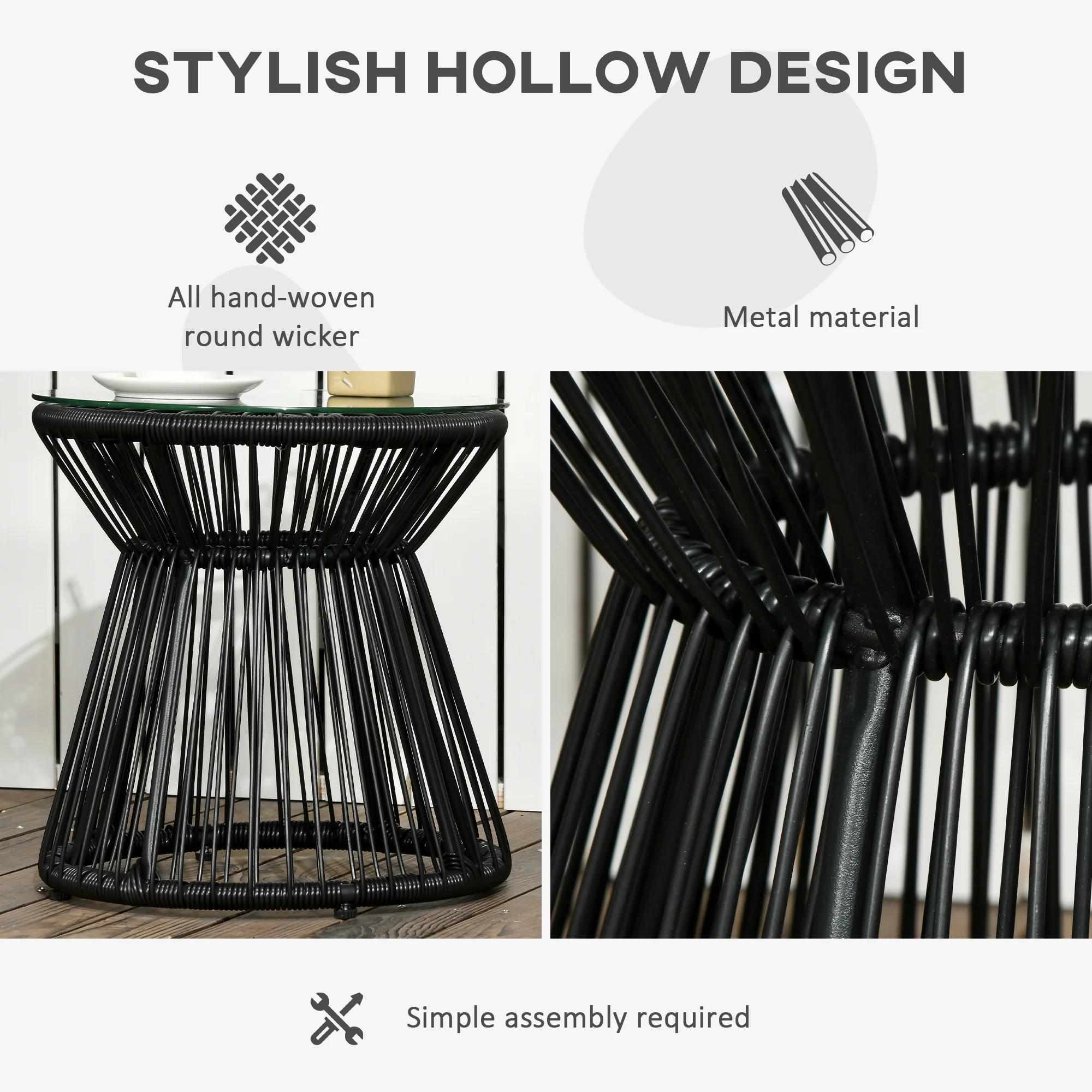 Round PE Rattan Side Table with Tempered Glass Top & Hollow Drum Design for Patio, Black - Image 7