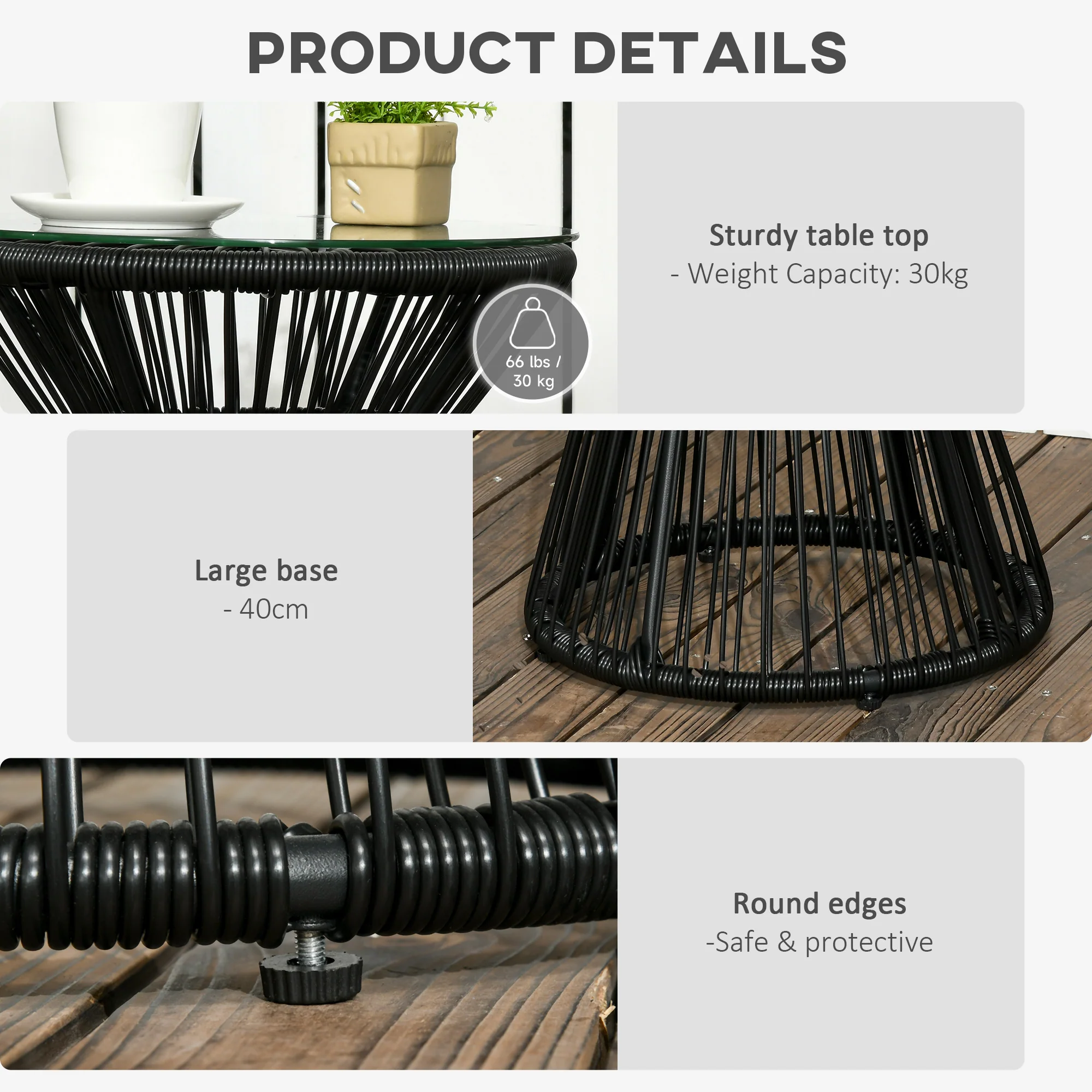 Round PE Rattan Side Table with Tempered Glass Top & Hollow Drum Design for Patio, Black - Image 8