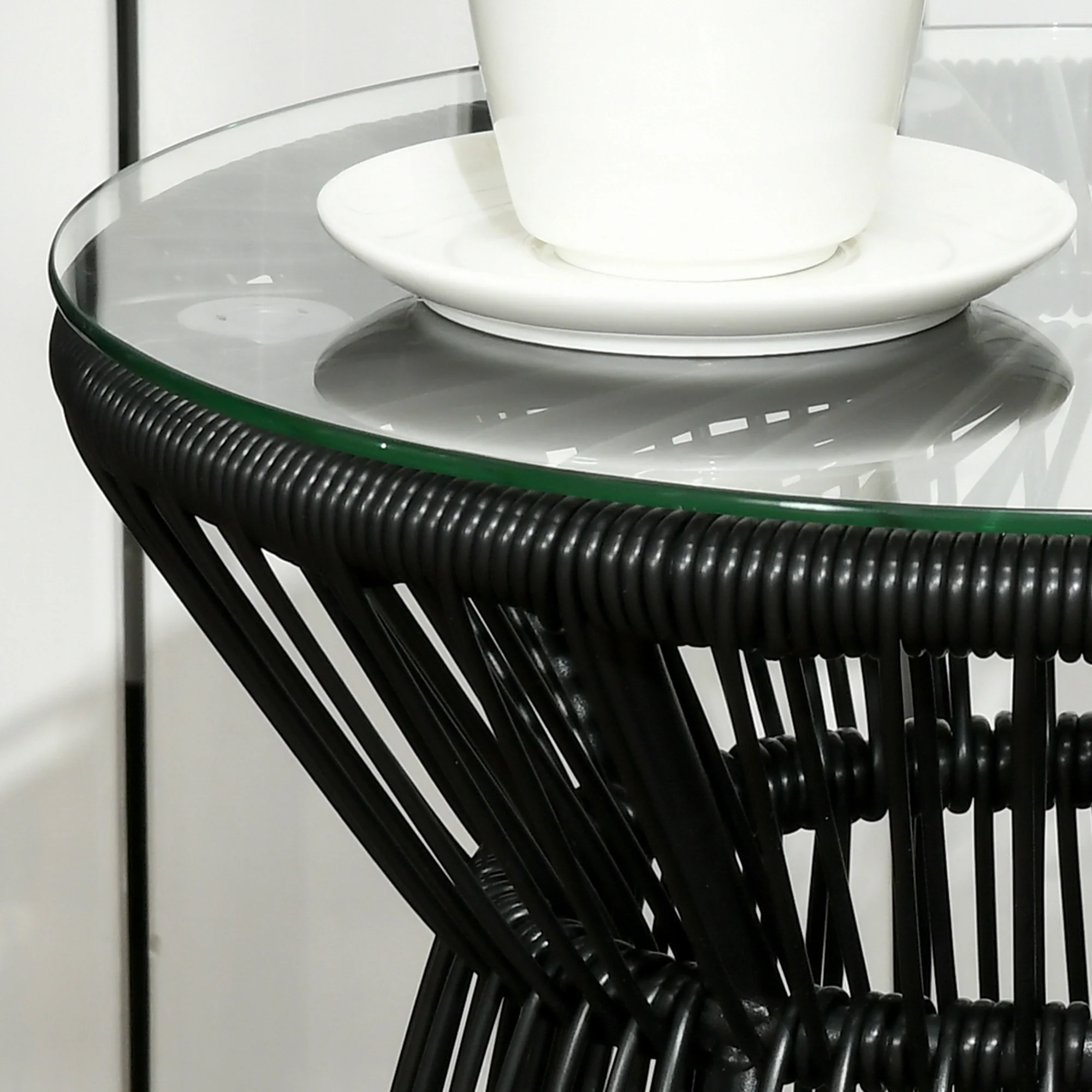 Round PE Rattan Side Table with Tempered Glass Top & Hollow Drum Design for Patio, Black - Image 9