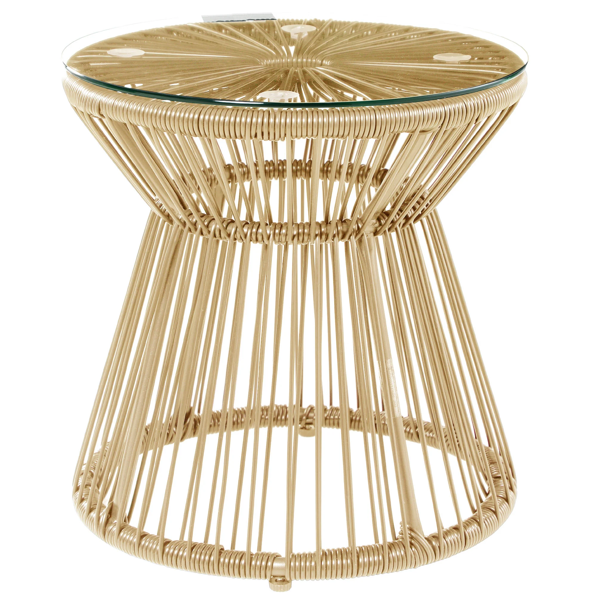 Round PE Rattan Side Table with Tempered Glass Top & Hollow Drum Design for Patio, Natural