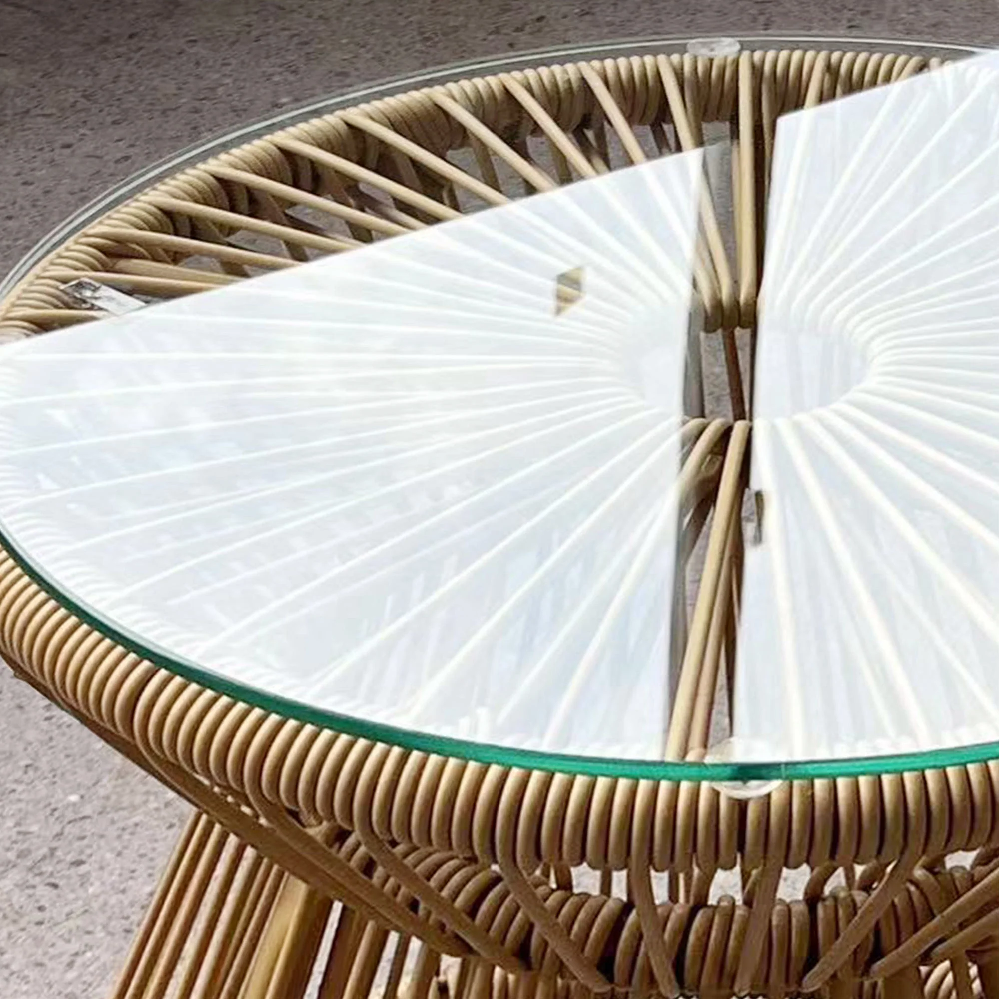 Round PE Rattan Side Table with Tempered Glass Top & Hollow Drum Design for Patio, Natural - Image 11