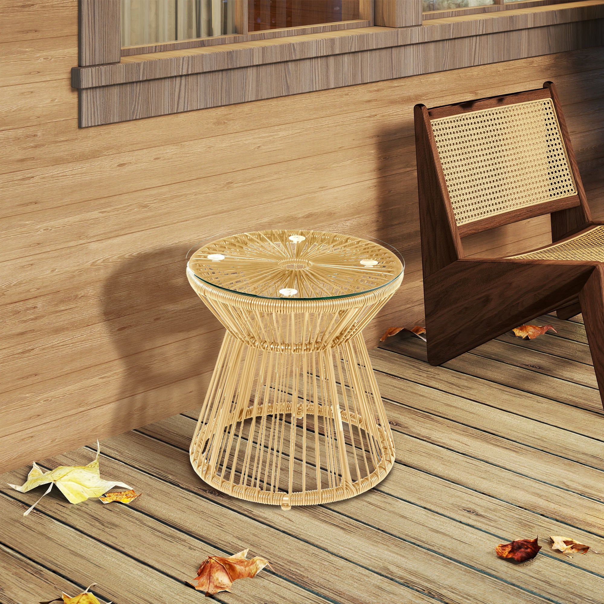 Round PE Rattan Side Table with Tempered Glass Top & Hollow Drum Design for Patio, Natural - Image 3