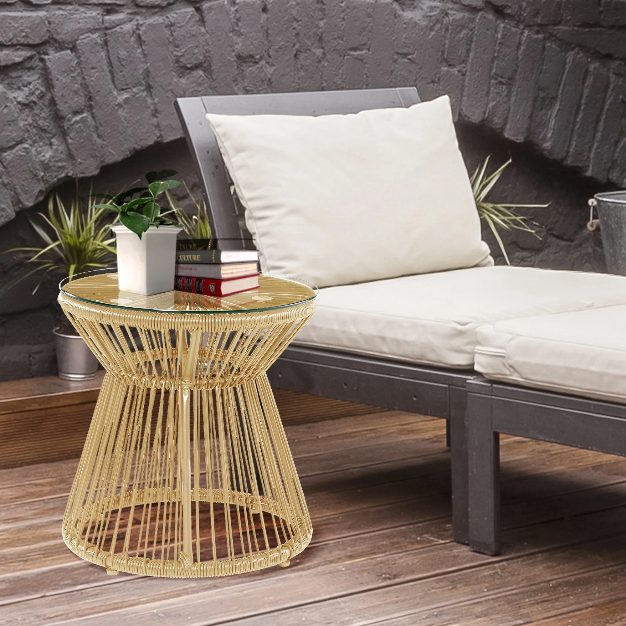 Round PE Rattan Side Table with Tempered Glass Top & Hollow Drum Design for Patio, Natural - Image 4
