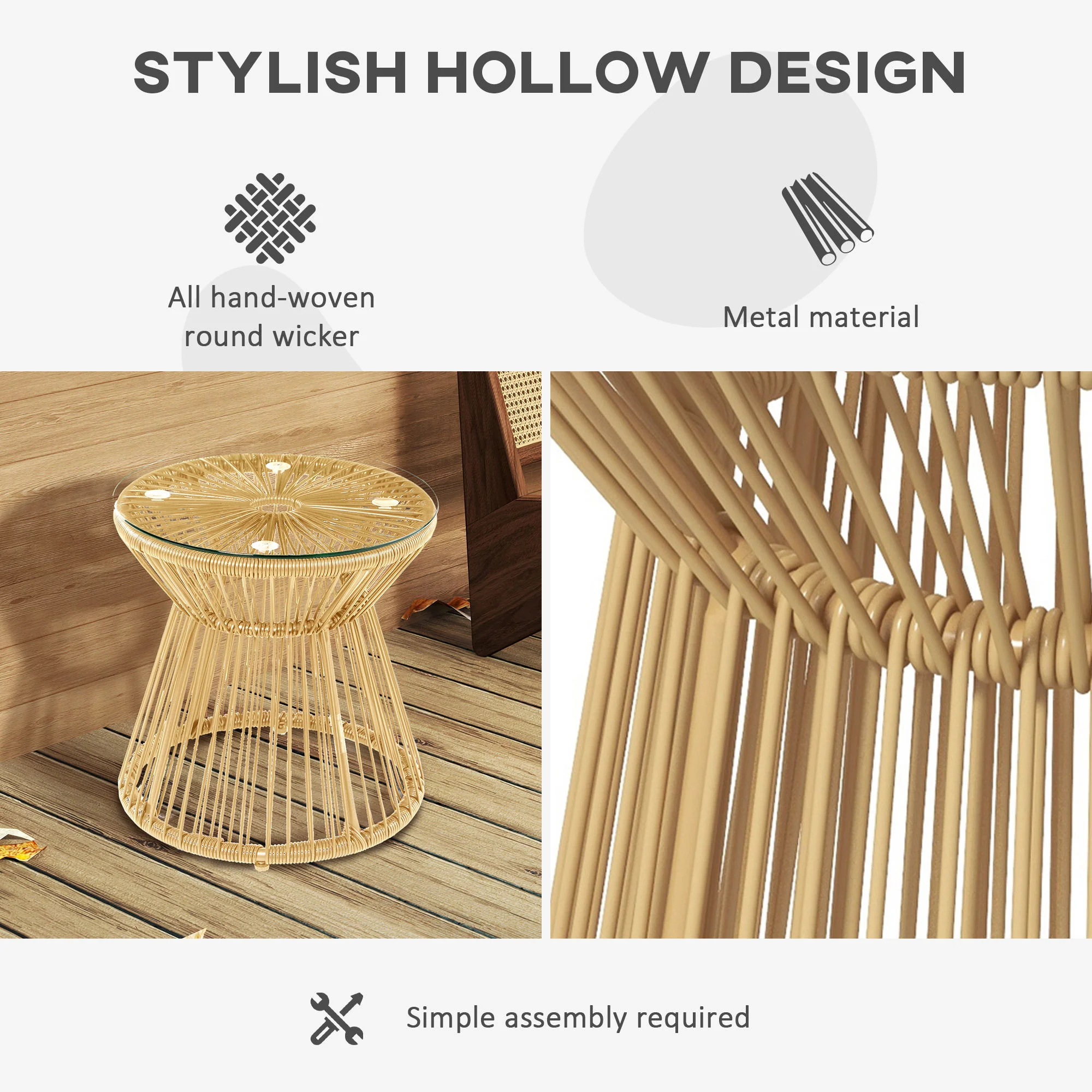 Round PE Rattan Side Table with Tempered Glass Top & Hollow Drum Design for Patio, Natural - Image 7