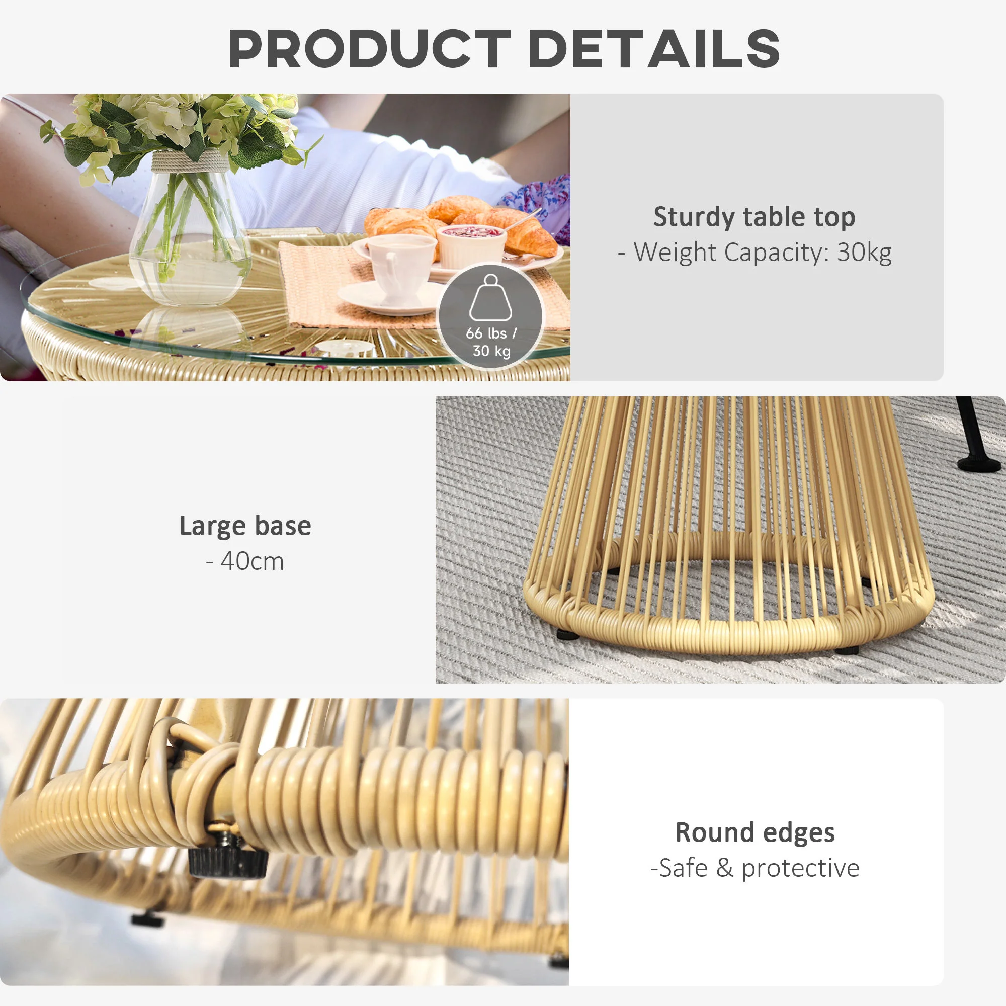 Round PE Rattan Side Table with Tempered Glass Top & Hollow Drum Design for Patio, Natural - Image 8