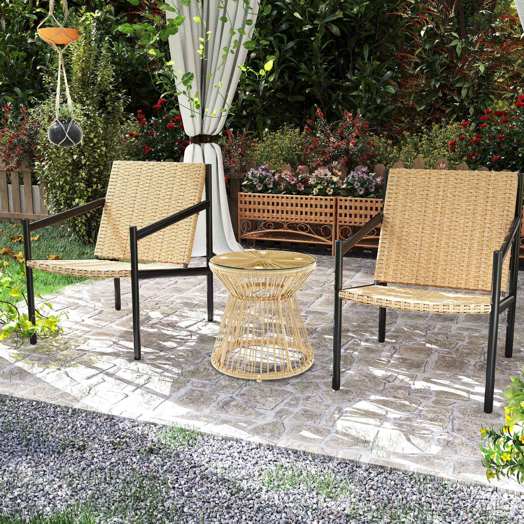 Round PE Rattan Side Table with Tempered Glass Top & Hollow Drum Design for Patio, Natural - Image 9