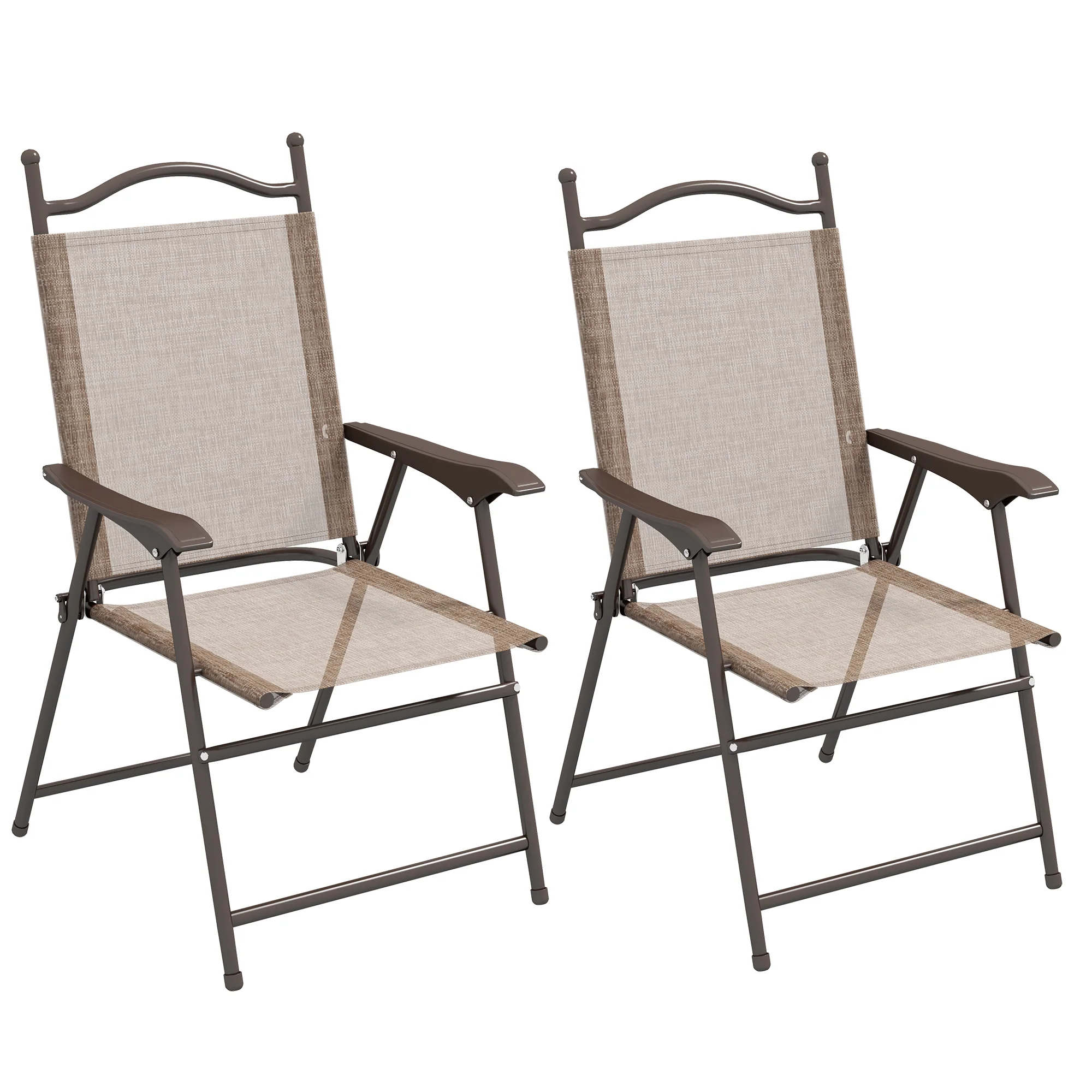 2 Pieces Folding Patio Camping Chairs Set with Armrest & Mesh Fabric Seat for Porch, Brown - Image 12