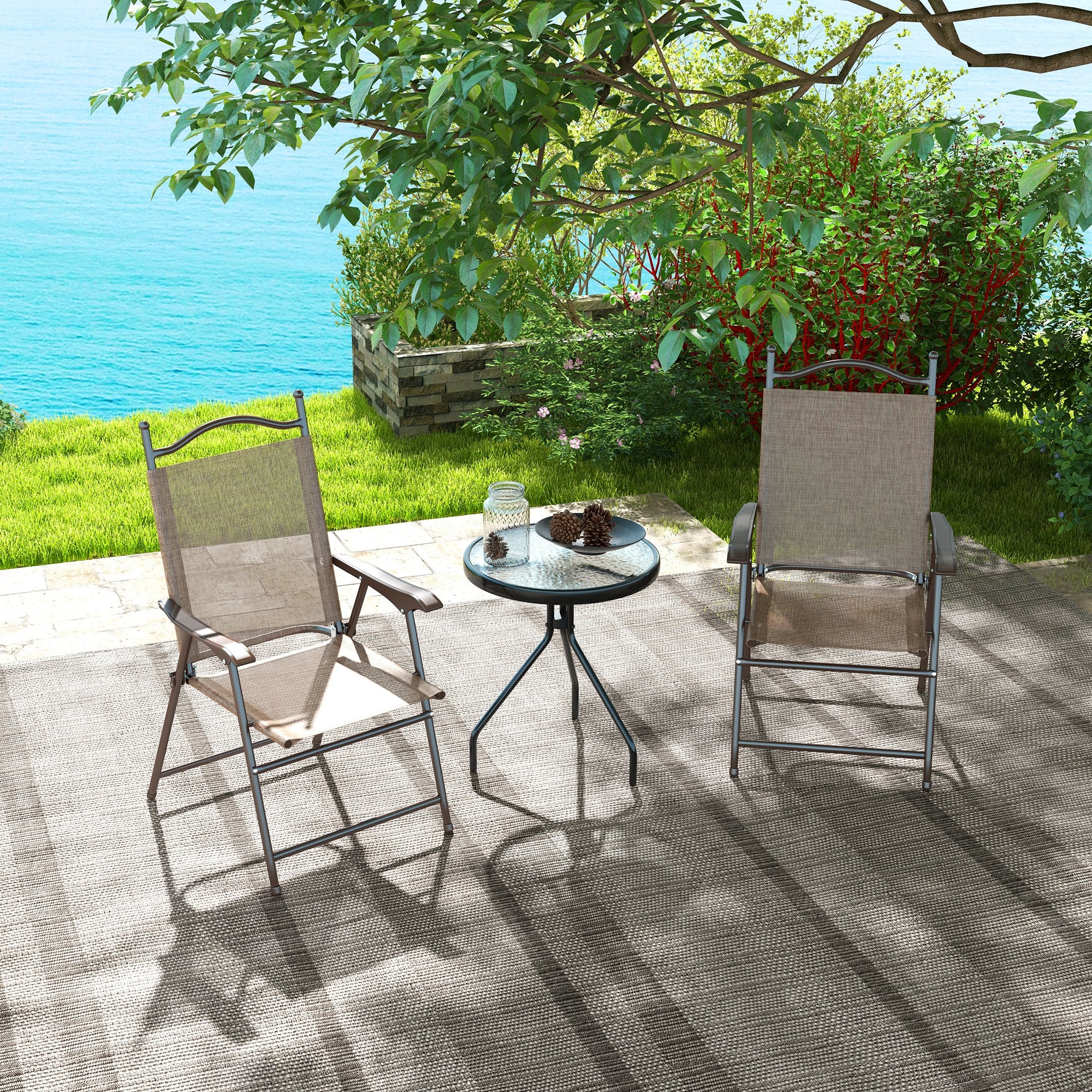 2 Pieces Folding Patio Camping Chairs Set with Armrest & Mesh Fabric Seat for Porch, Brown - Image 3