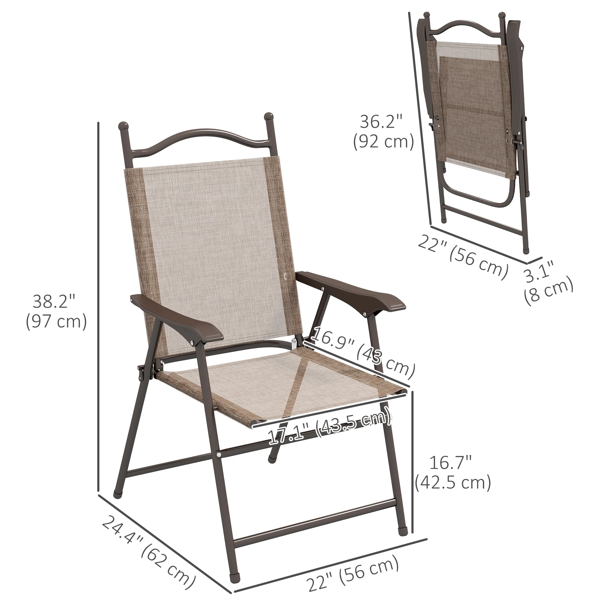 2 Pieces Folding Patio Camping Chairs Set with Armrest & Mesh Fabric Seat for Porch, Brown - Image 5