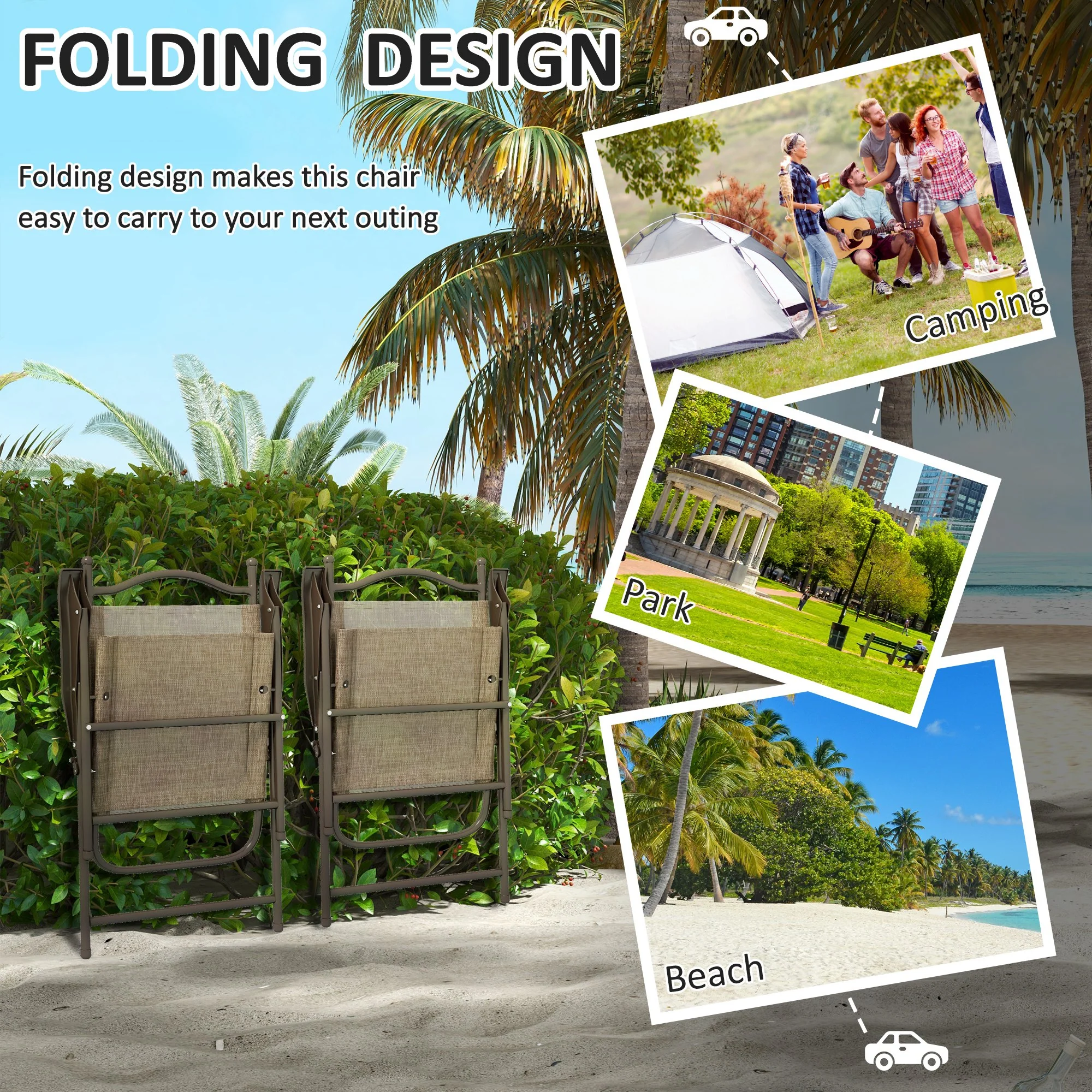 2 Pieces Folding Patio Camping Chairs Set with Armrest & Mesh Fabric Seat for Porch, Brown - Image 6