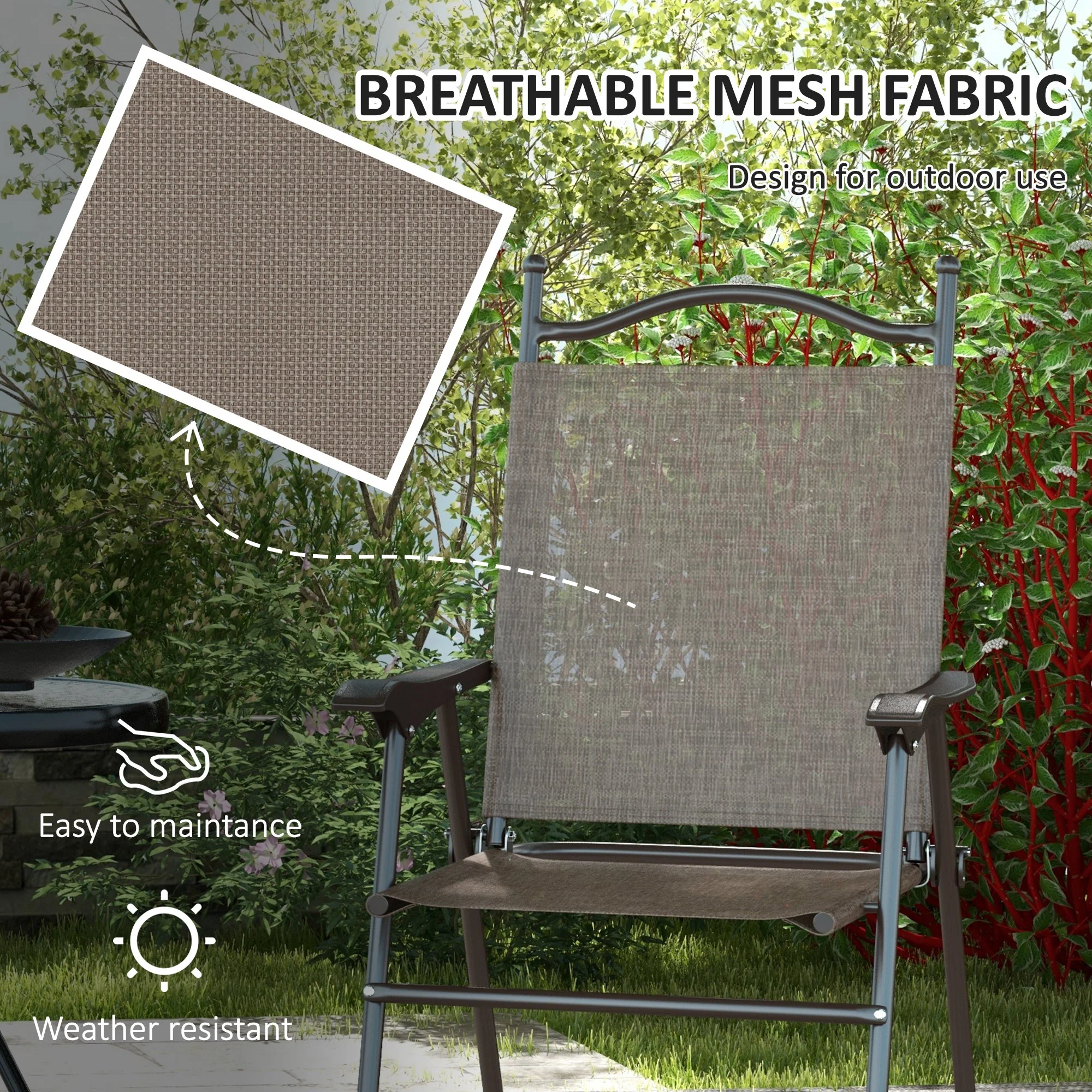 2 Pieces Folding Patio Camping Chairs Set with Armrest & Mesh Fabric Seat for Porch, Brown - Image 7