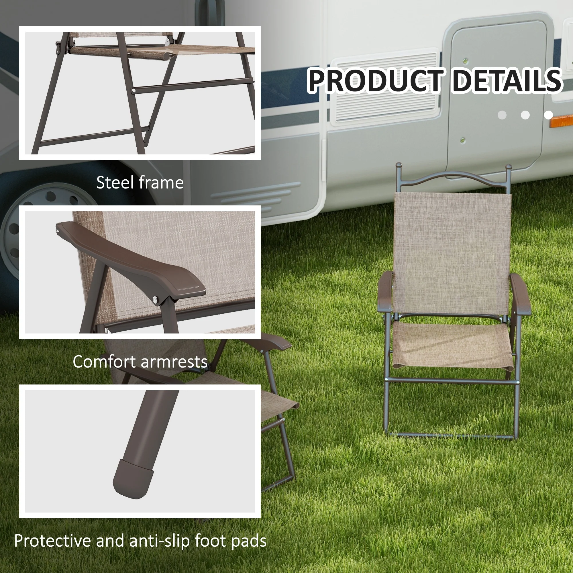 2 Pieces Folding Patio Camping Chairs Set with Armrest & Mesh Fabric Seat for Porch, Brown - Image 8