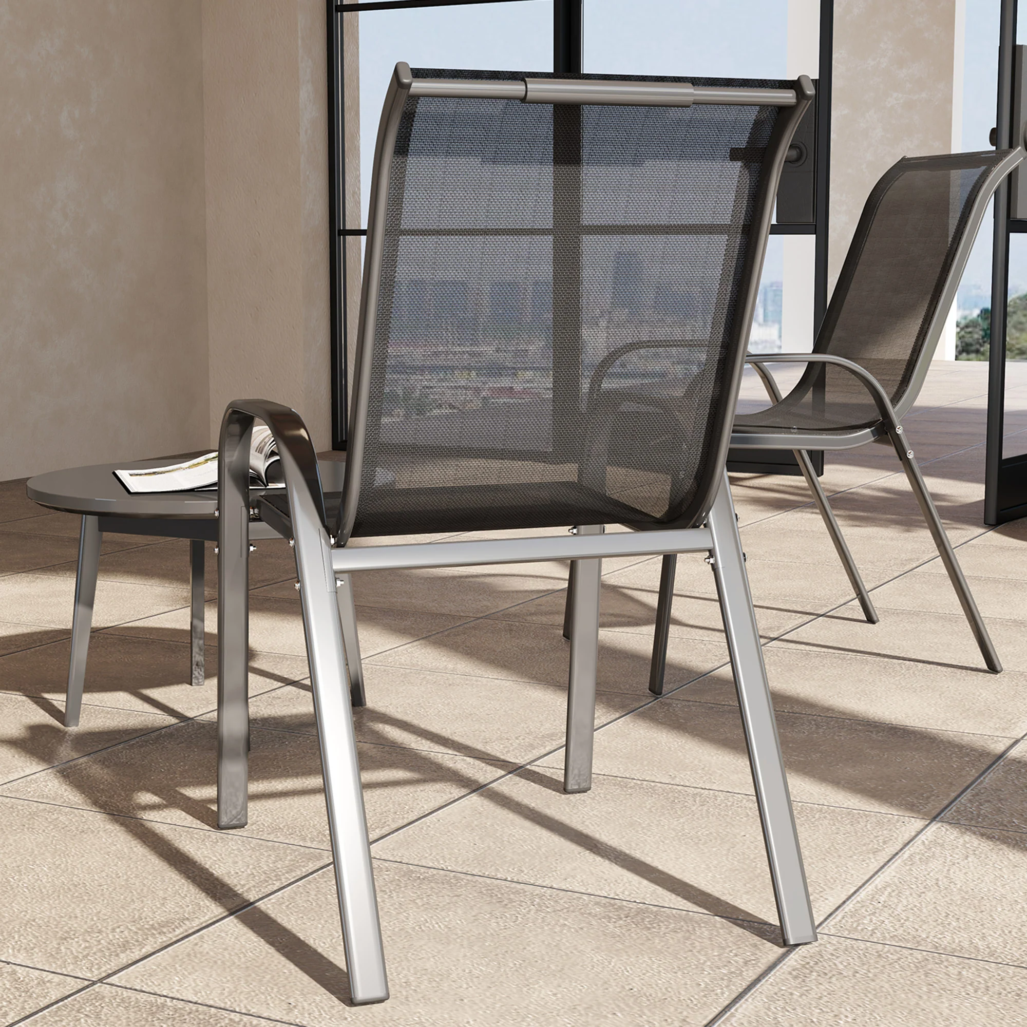 Set of 2 Outdoor Stackable Chairs with High Back & Breathable Mesh Seat, Black - Image 11