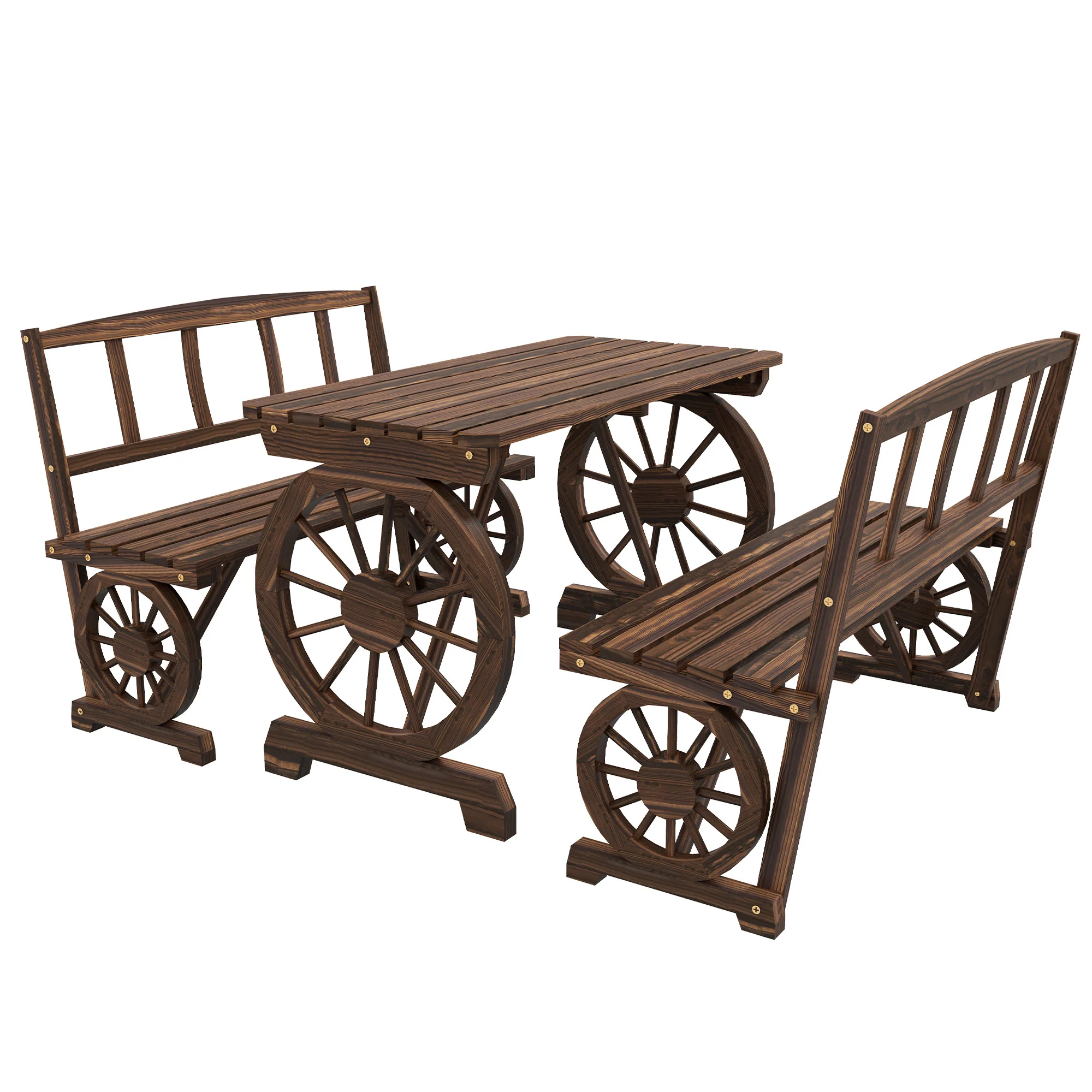 3PC Outdoor Wooden Table & Chairs for 4, Carriage Wheels Patio Set for Porch, Carbonized - Image 12