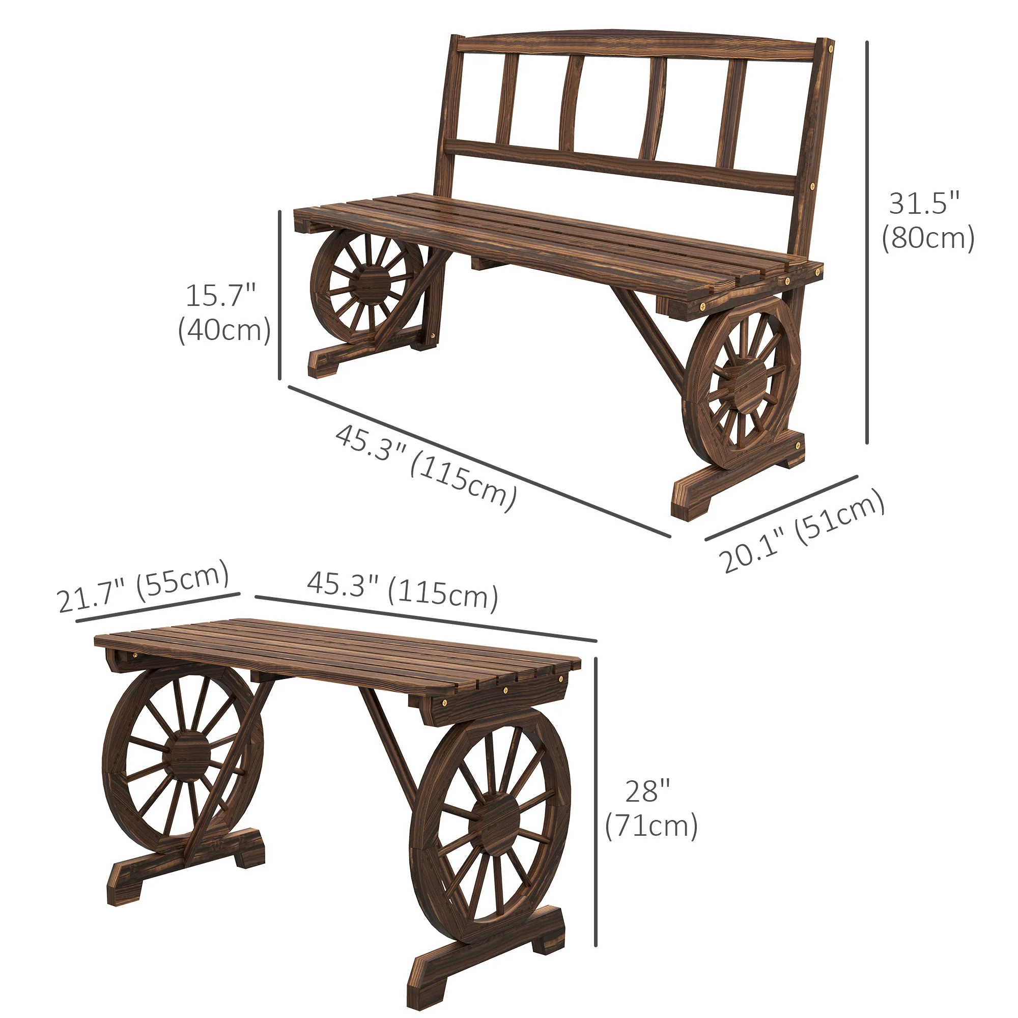 3PC Outdoor Wooden Table & Chairs for 4, Carriage Wheels Patio Set for Porch, Carbonized - Image 5