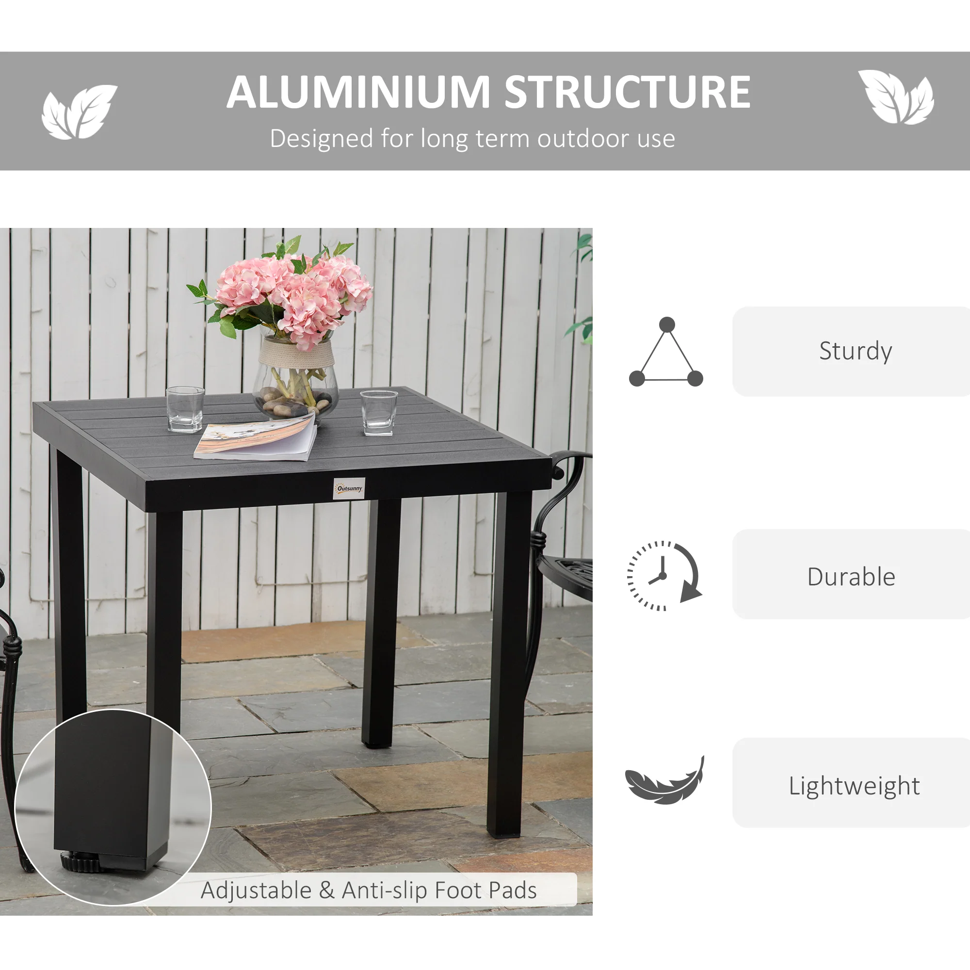 Patio Dining Table for 4, Square Aluminum Outdoor Table for Garden Lawn Backyard, Black - Image 7