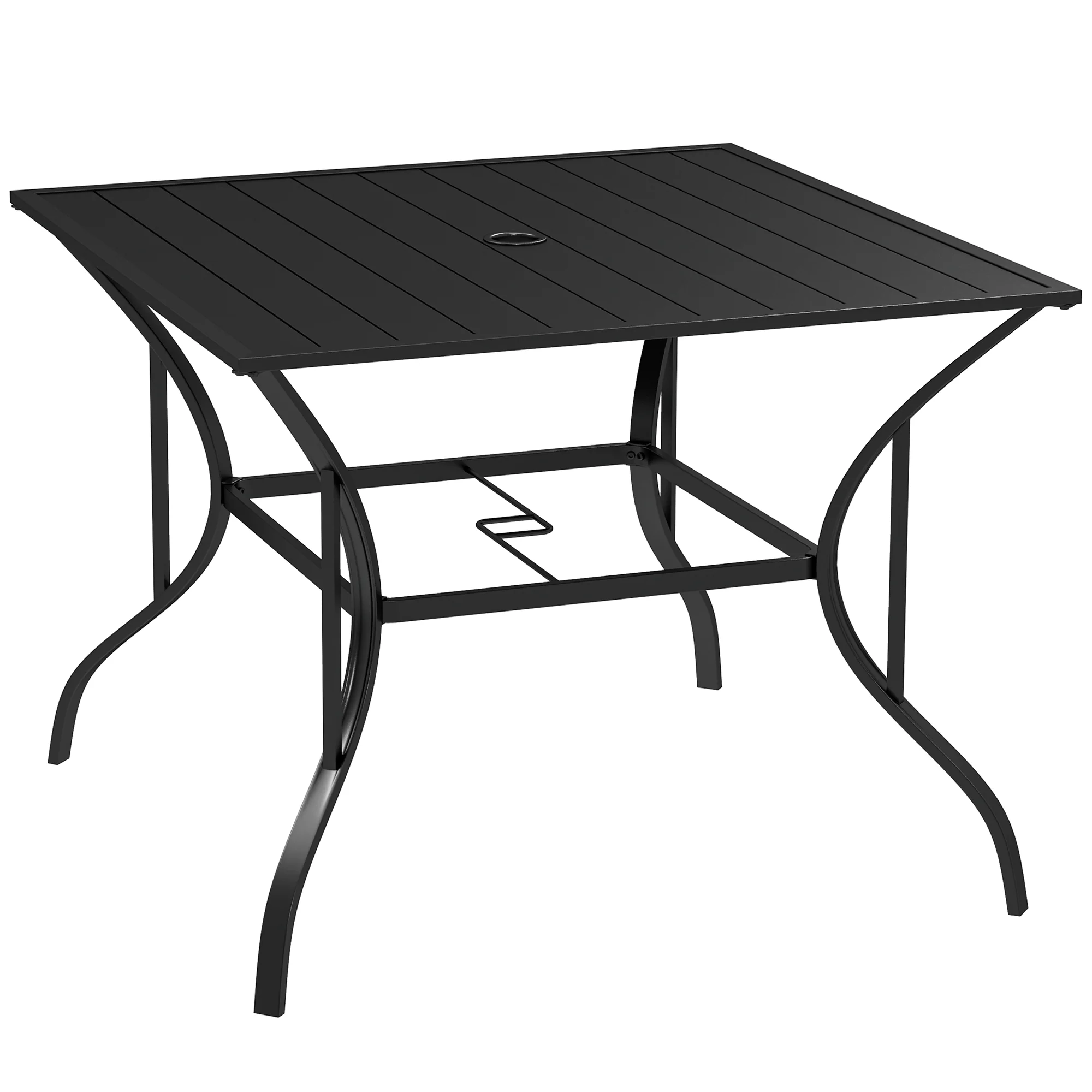 Outdoor Patio Table for 4, Square Garden Table w/ Parasol Hole & Slatted Metal Top, Black - Image 12